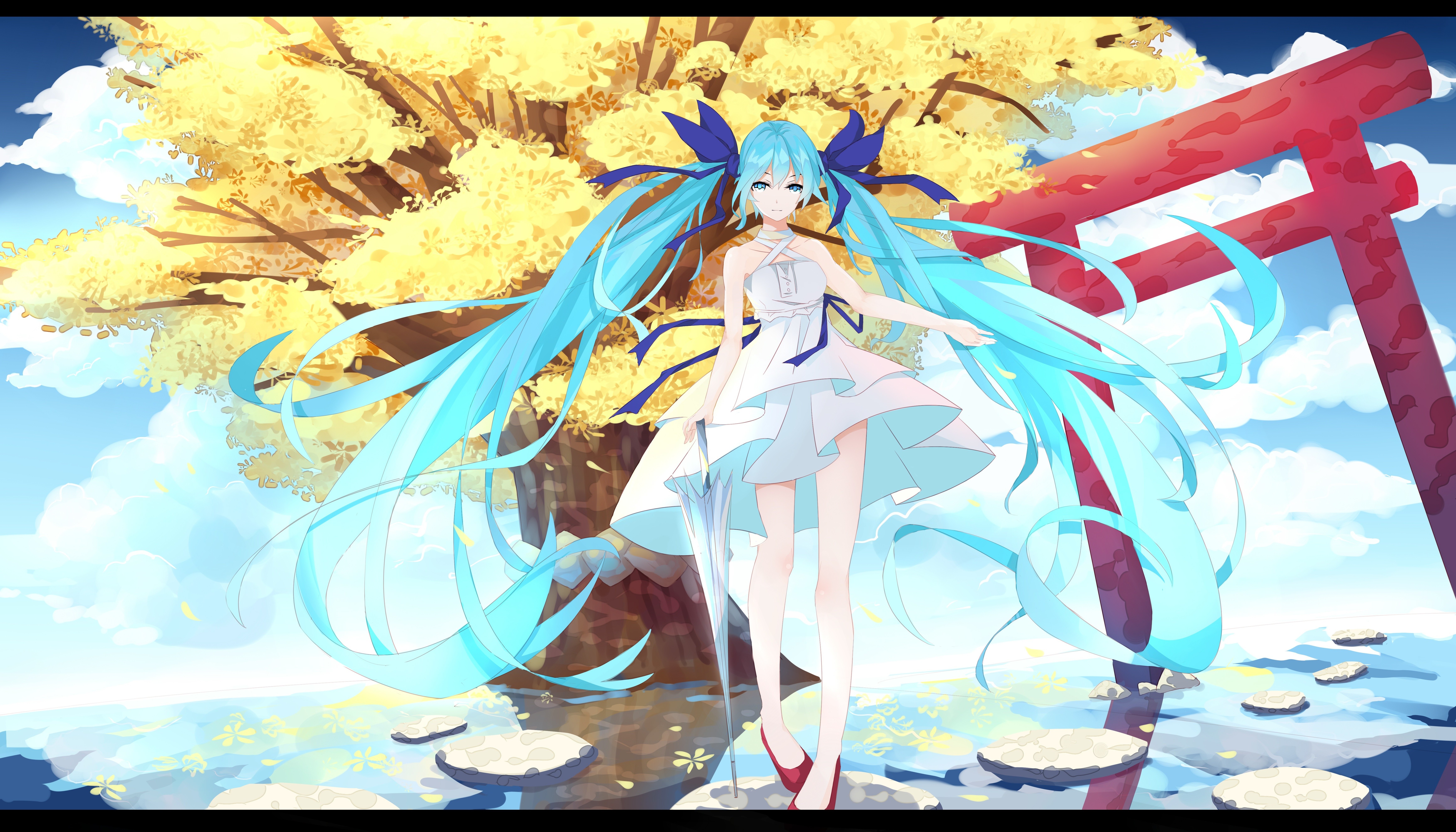 Hatsune Miku from Vocaloid in a white dress HD Wallpaper