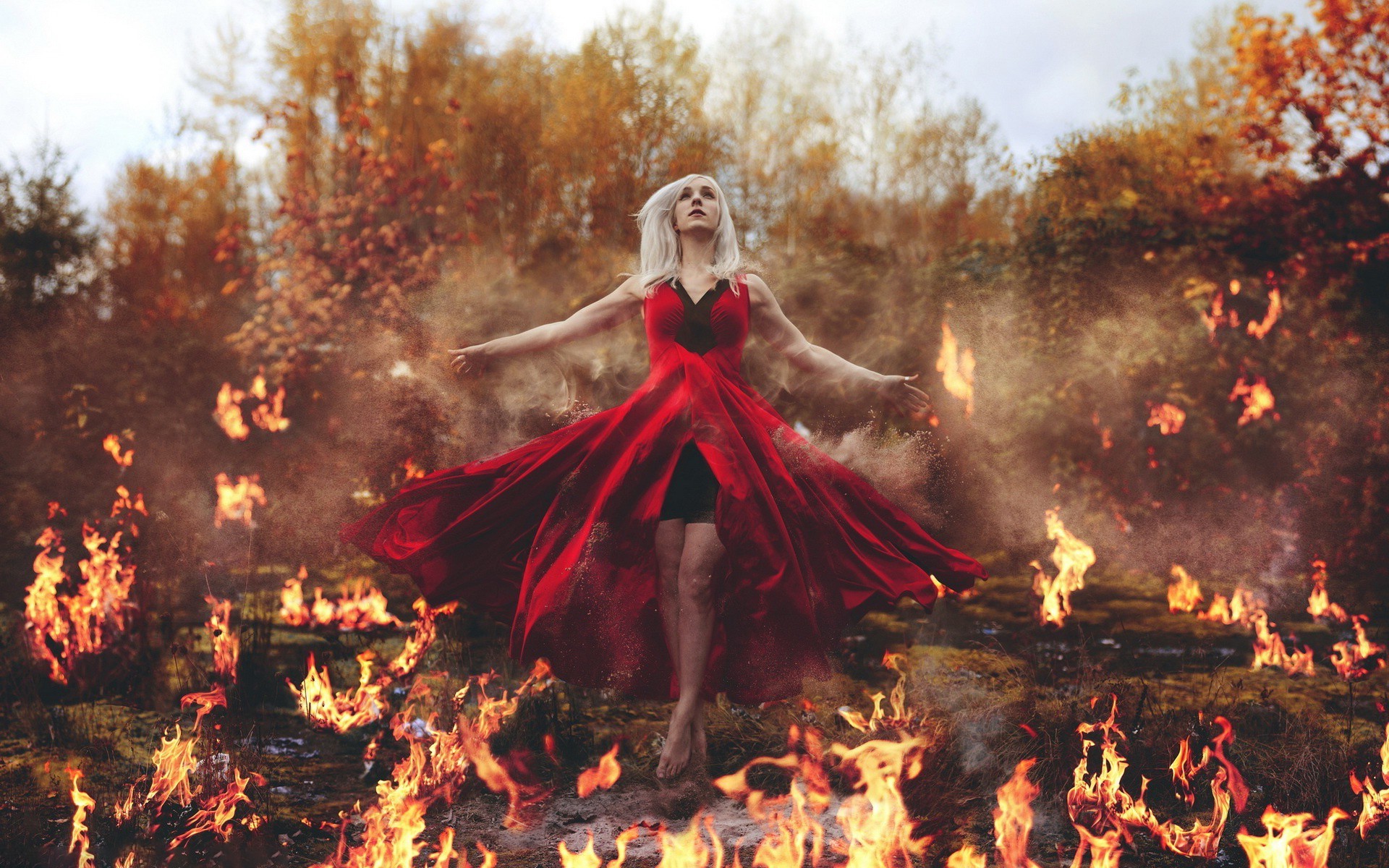 Woman in red dress surrounded by fire HD Wallpaper