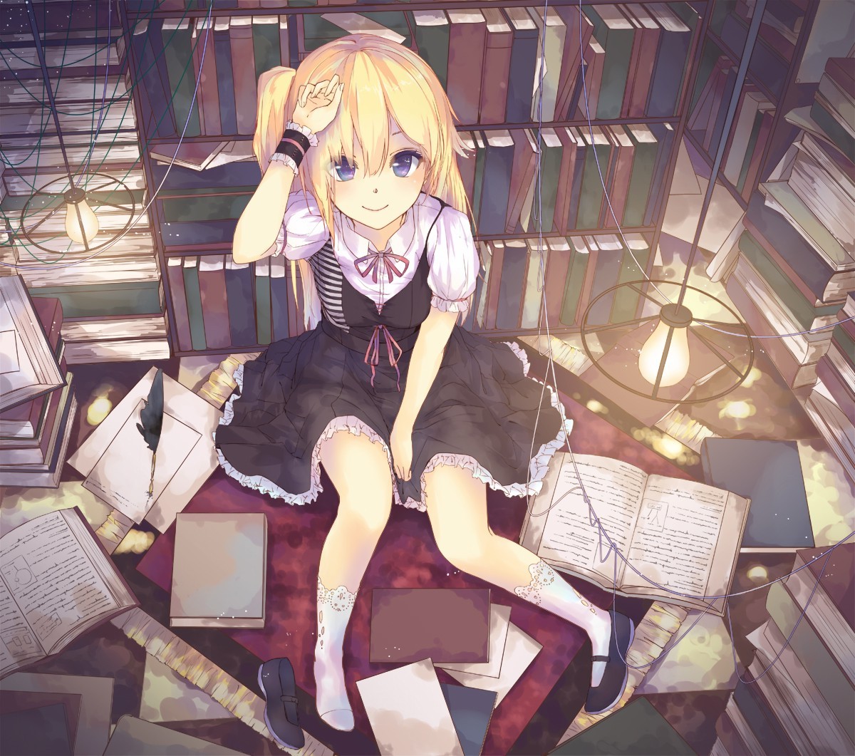 Anime girl with blonde hair in a library surrounded by books HD Wallpaper