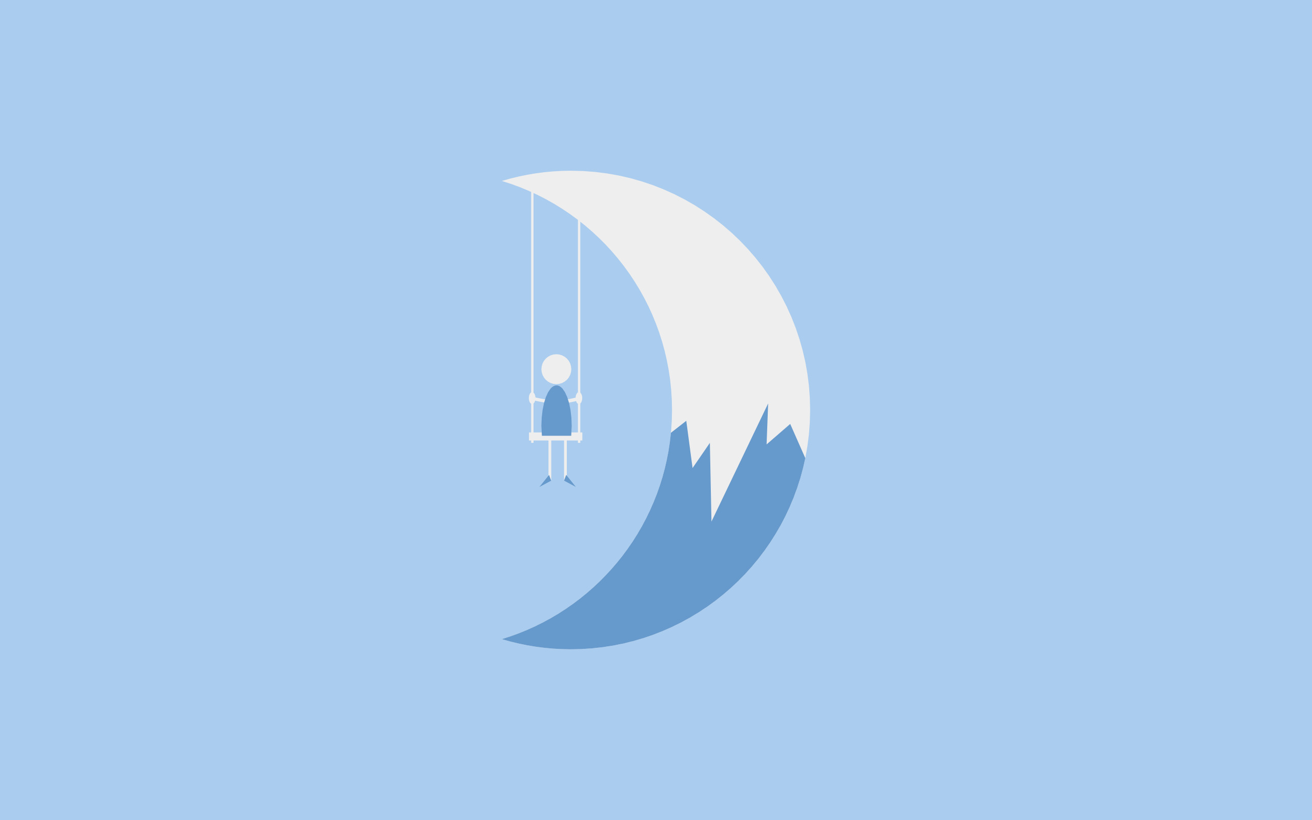 Minimalist illustration of a person on a swing on a crescent moon HD Wallpaper