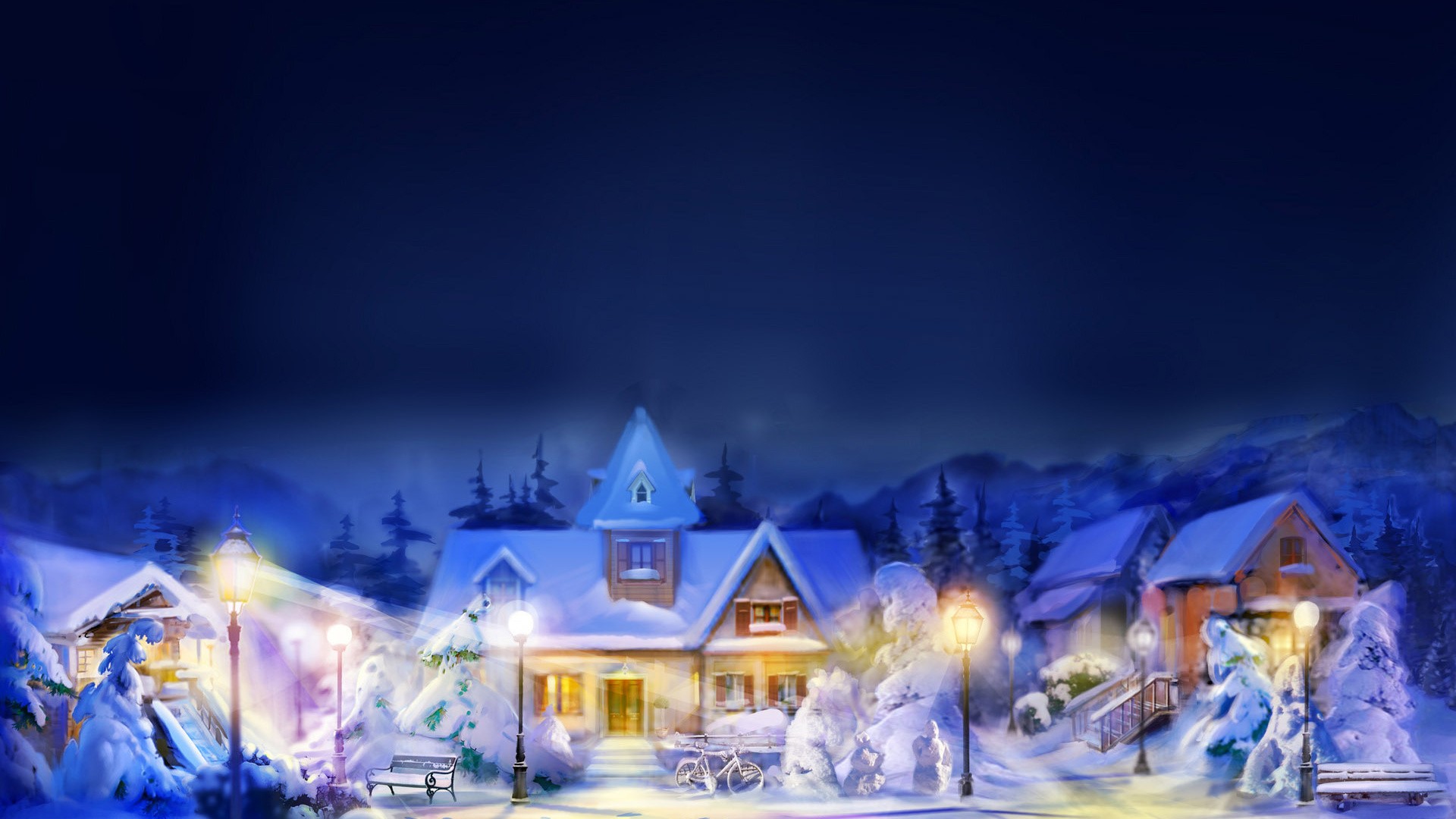 Winter village at night with snow and lights HD Wallpaper