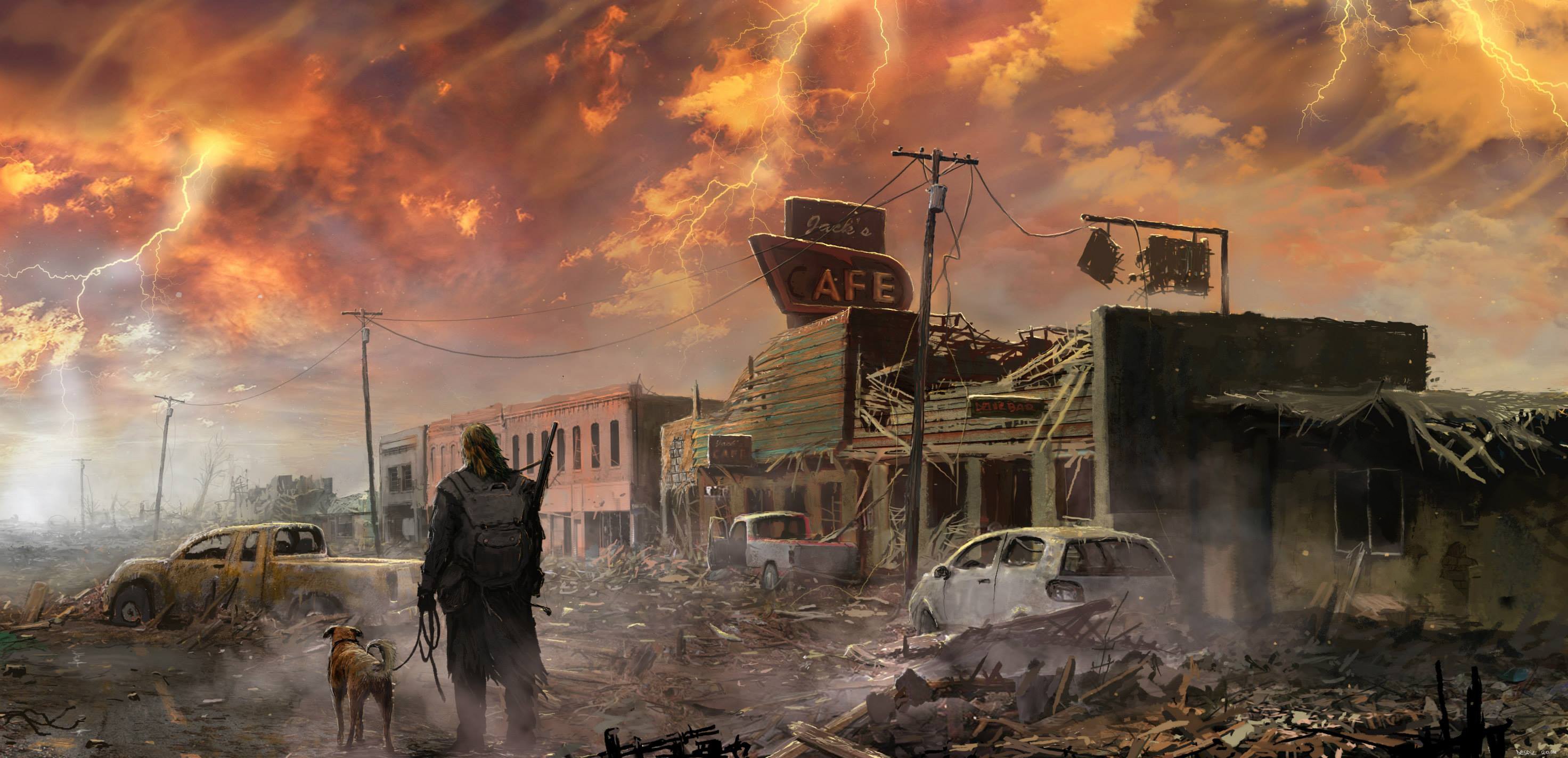 Post-apocalyptic survivor with dog in ruined town HD Wallpaper