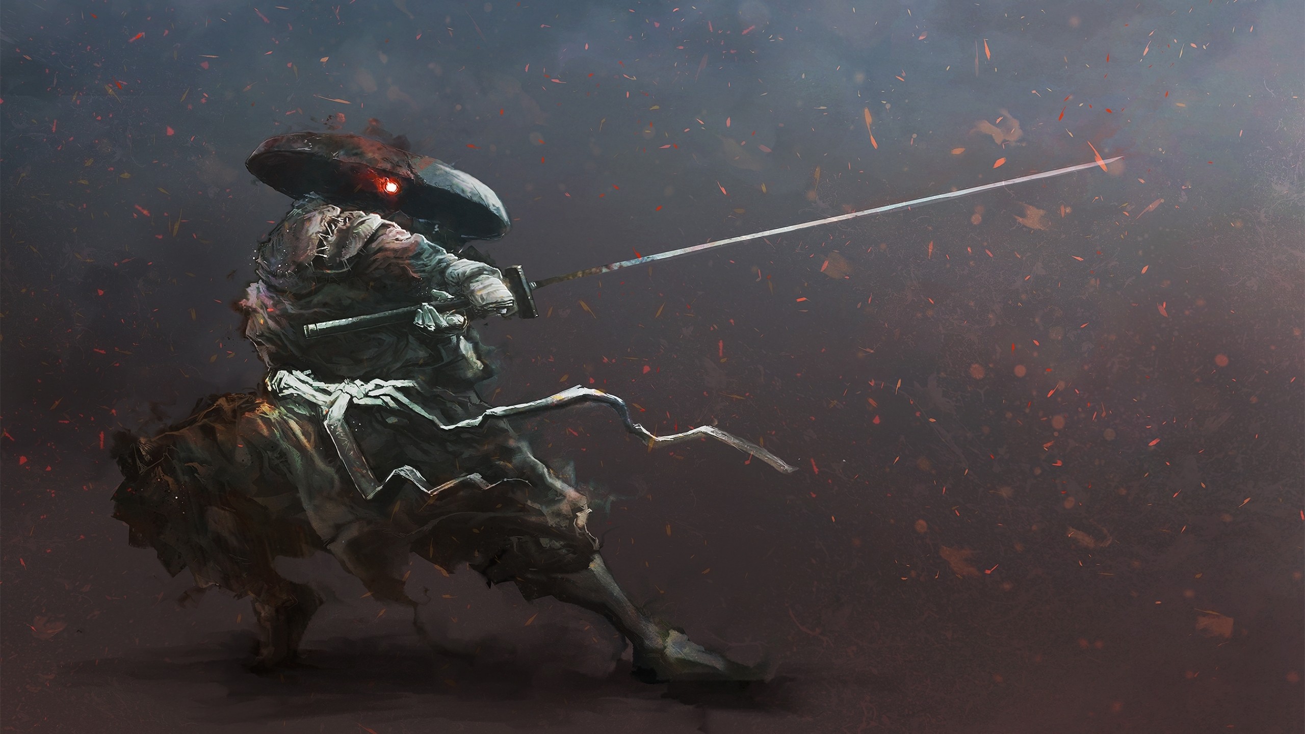Samurai warrior with katana in a fiery battle HD Wallpaper