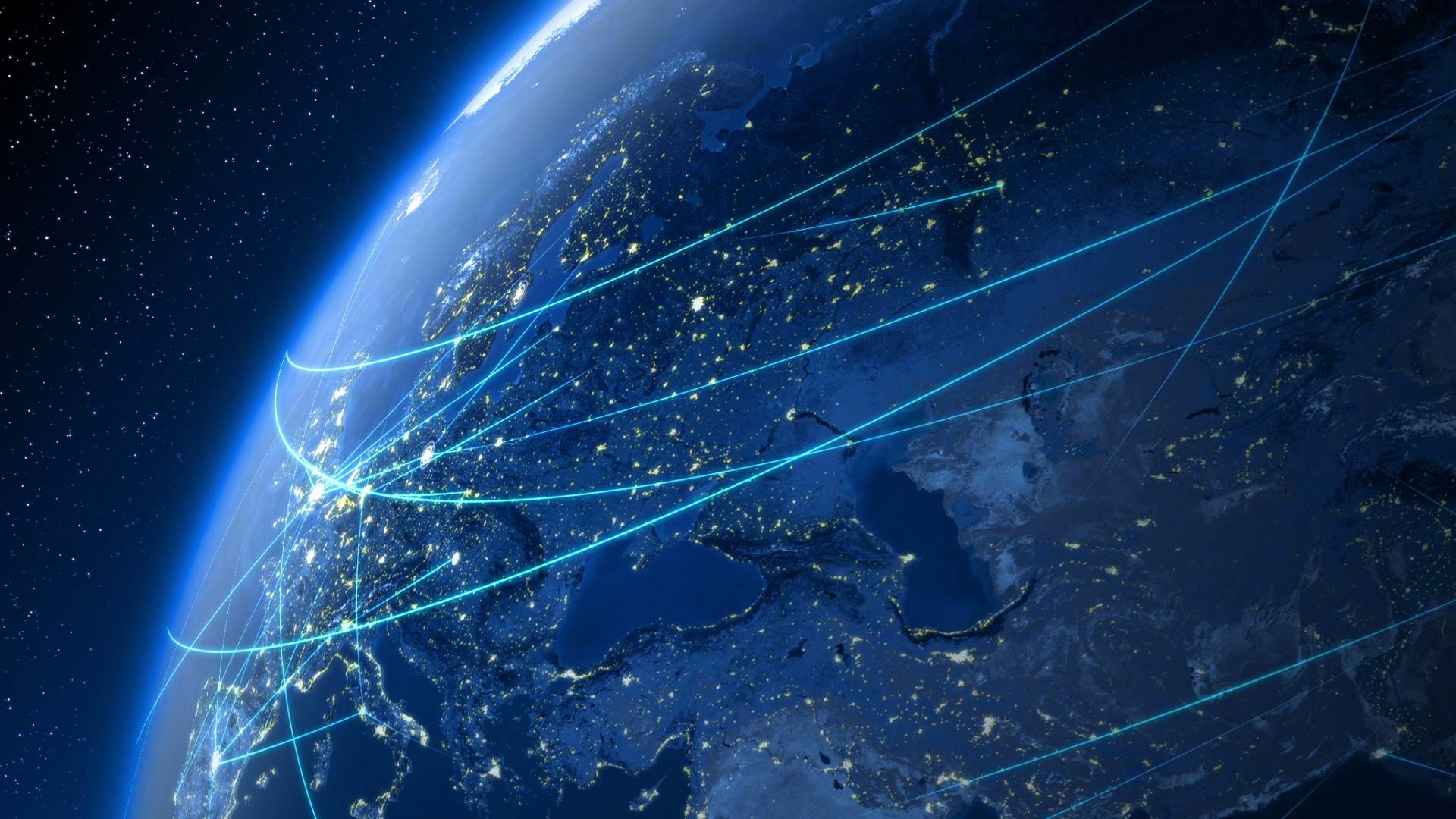 Digital art of Earth at night with glowing light trails HD Wallpaper