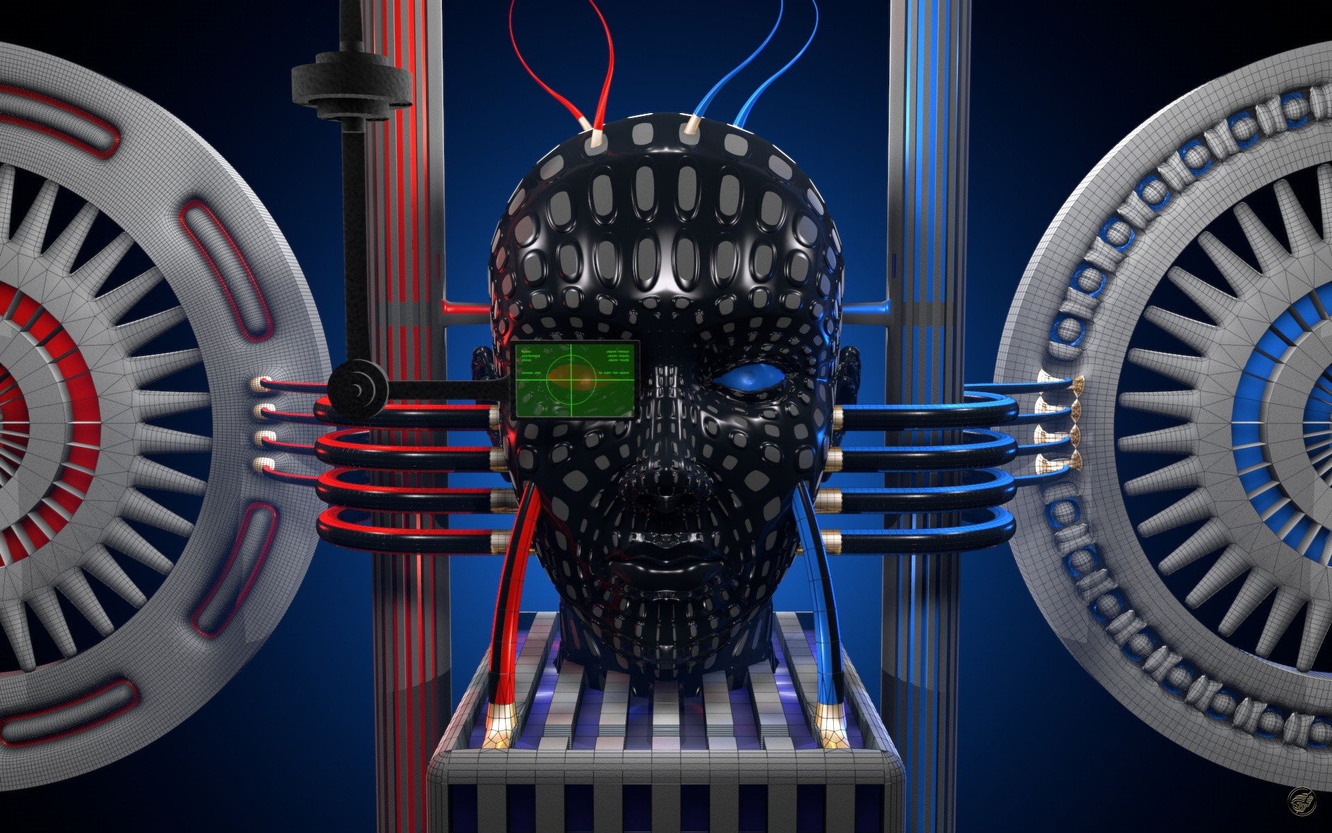 Futuristic robot head with wires and mechanical wheels HD Wallpaper