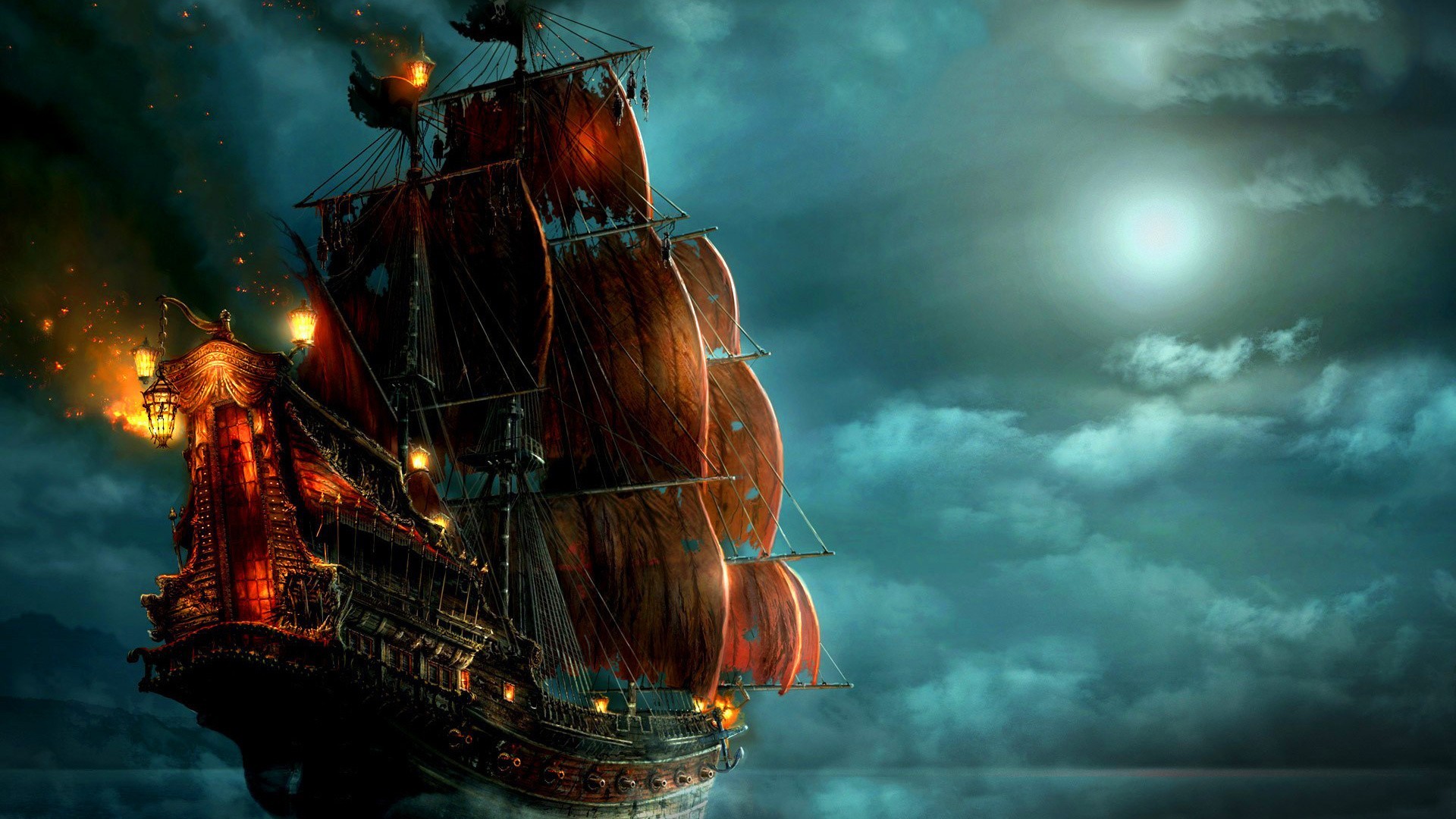 Pirate ship sailing under a full moon HD Wallpaper