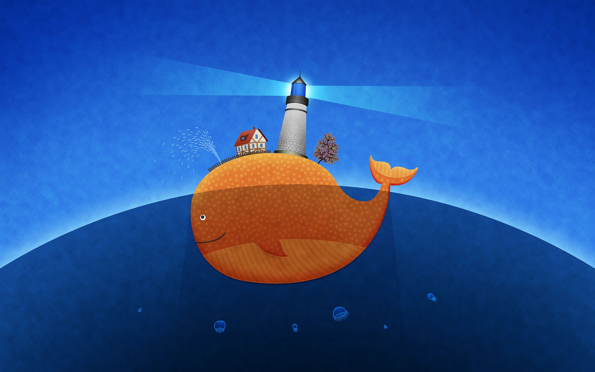 Whale with lighthouse and house artwork HD Wallpaper