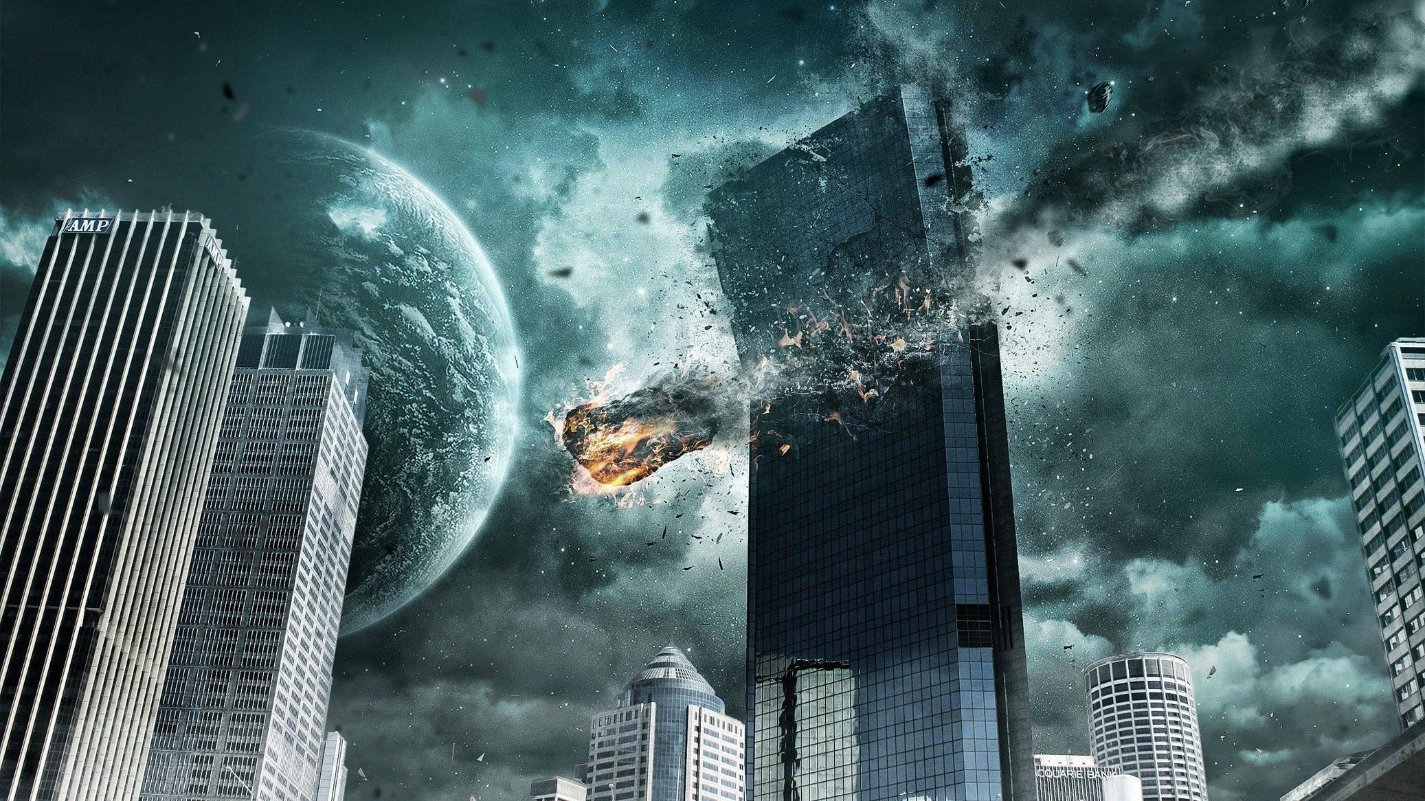 Asteroid impact on city buildings with planet in background HD Wallpaper