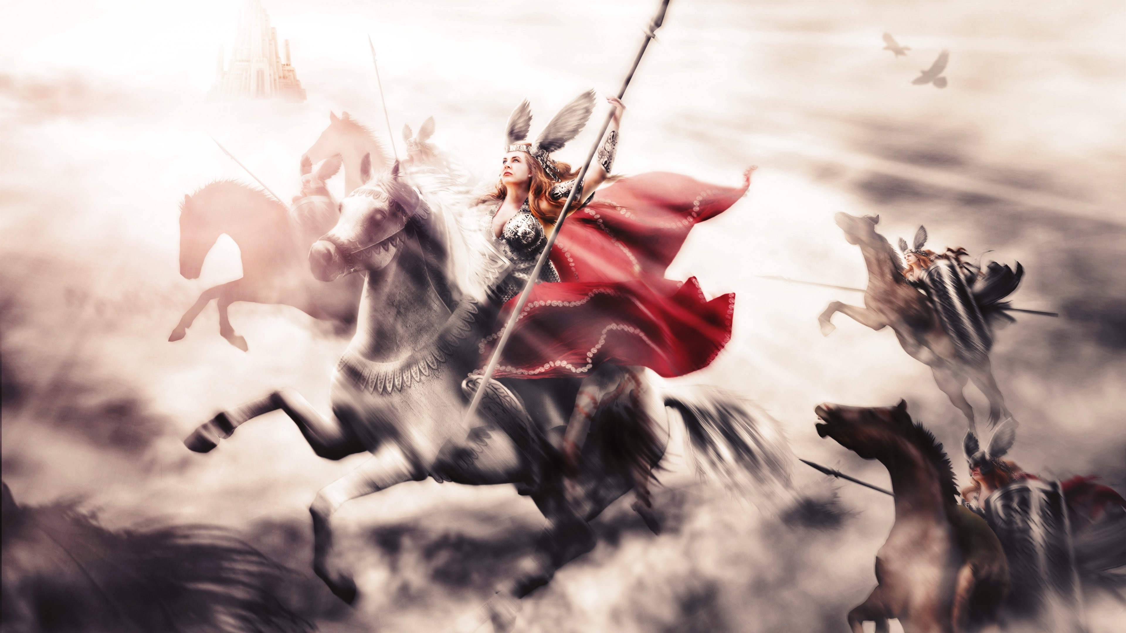 Valkyries on horseback in sunlight HD Wallpaper