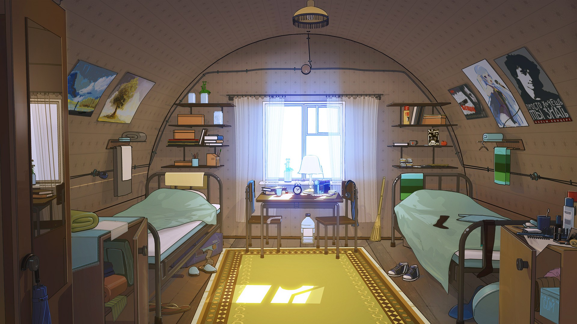 Bedroom with two beds and a desk HD Wallpaper