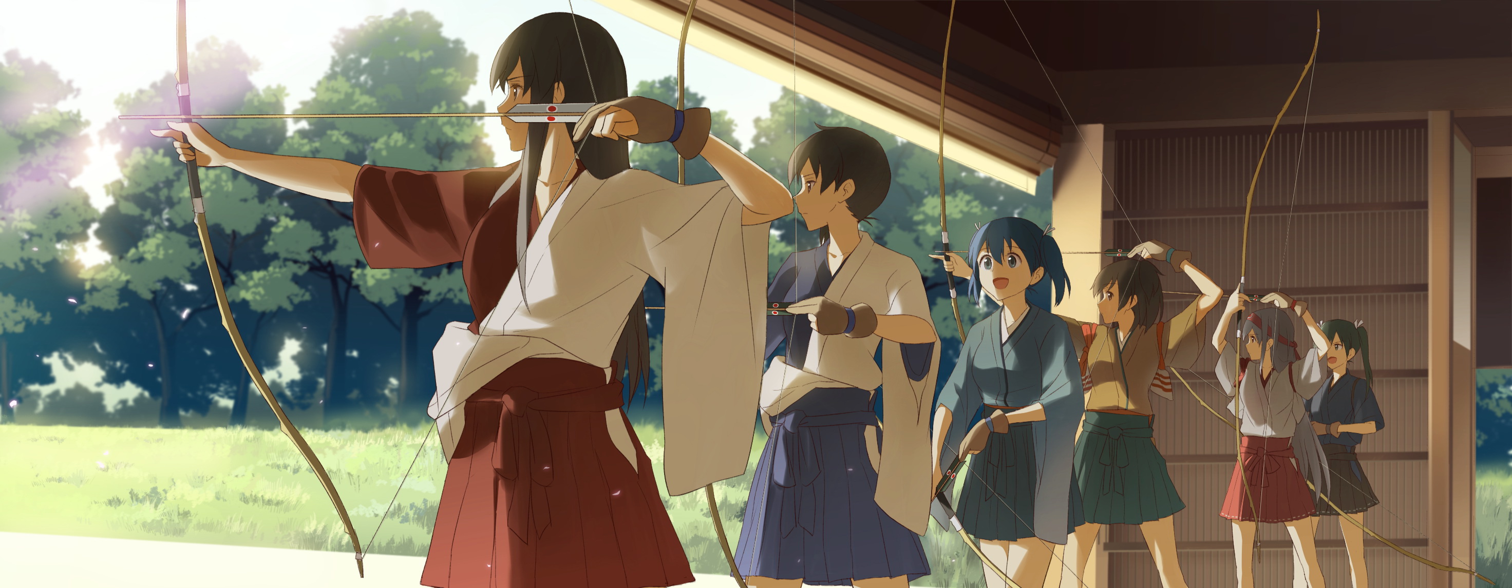 Anime characters practicing archery in a dojo HD Wallpaper