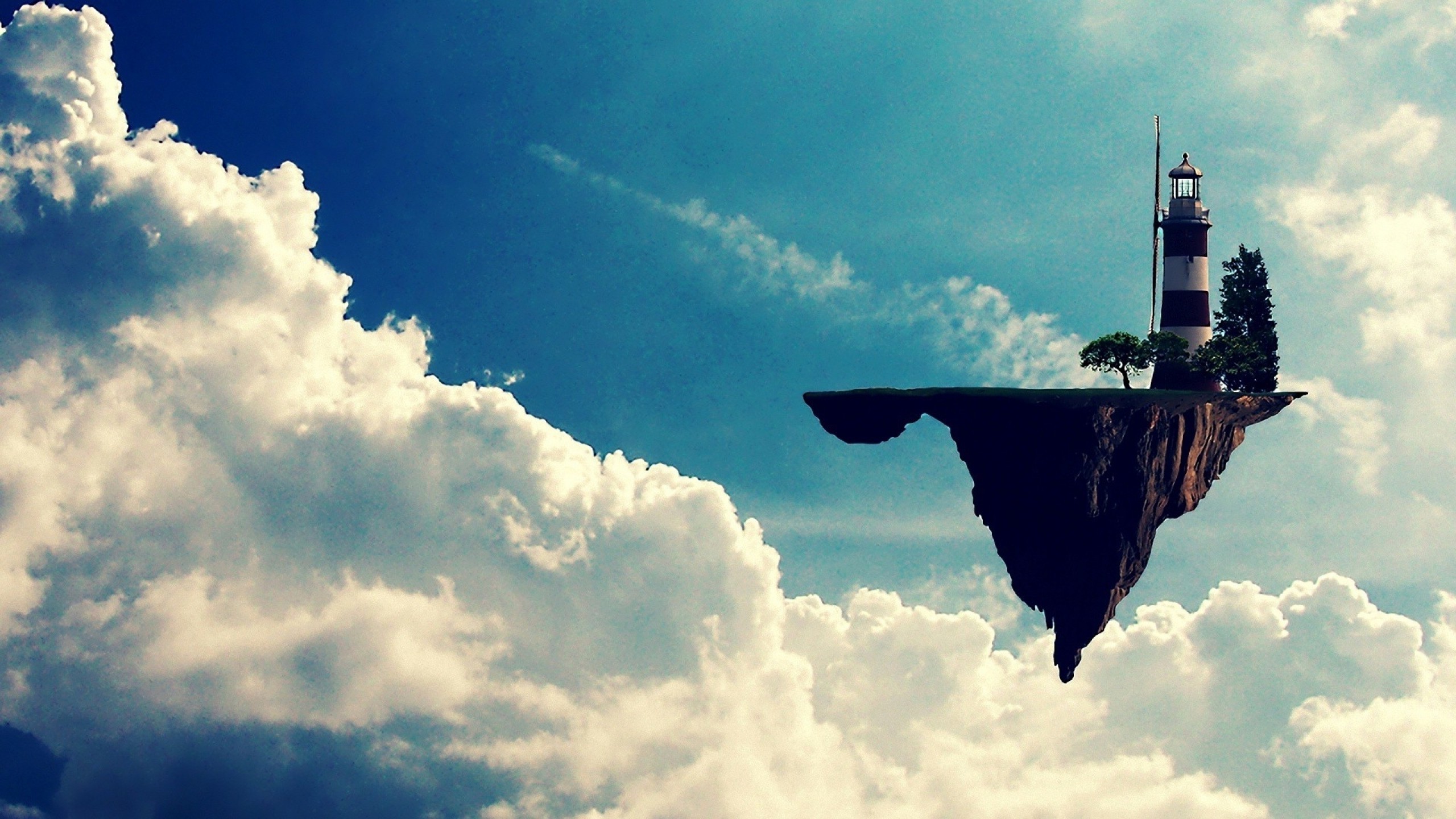 Floating island with lighthouse in the sky HD Wallpaper