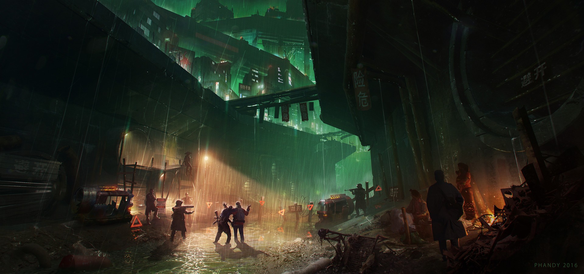 Cyberpunk city street in the rain HD Wallpaper