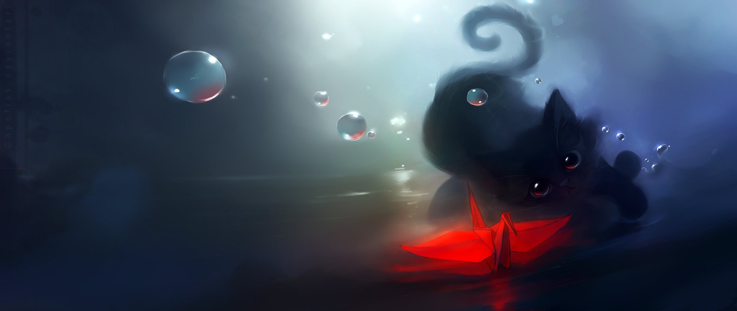 Black cat with red origami crane underwater HD Wallpaper