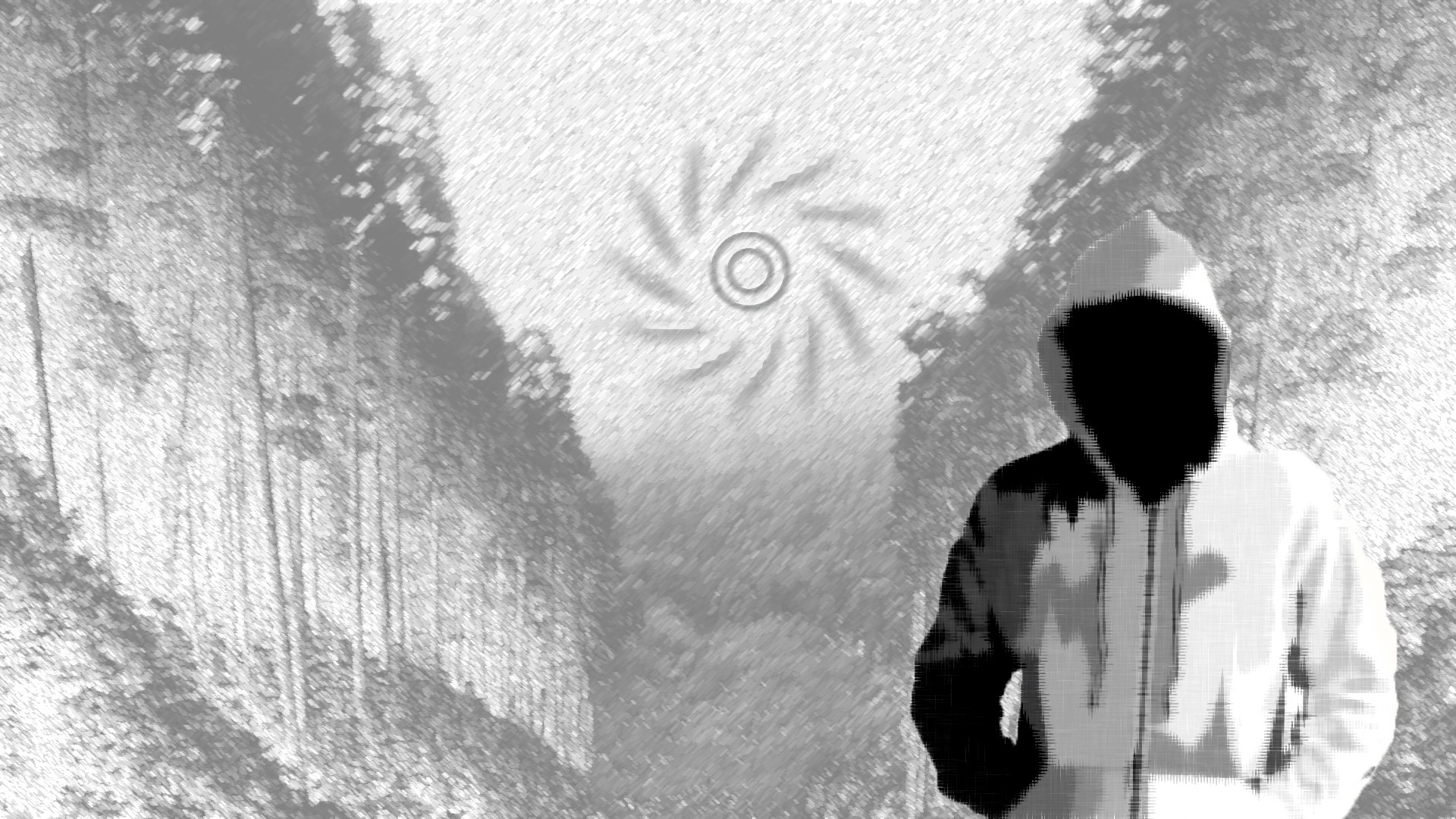Hooded figure in a forest with a swirling symbol HD Wallpaper