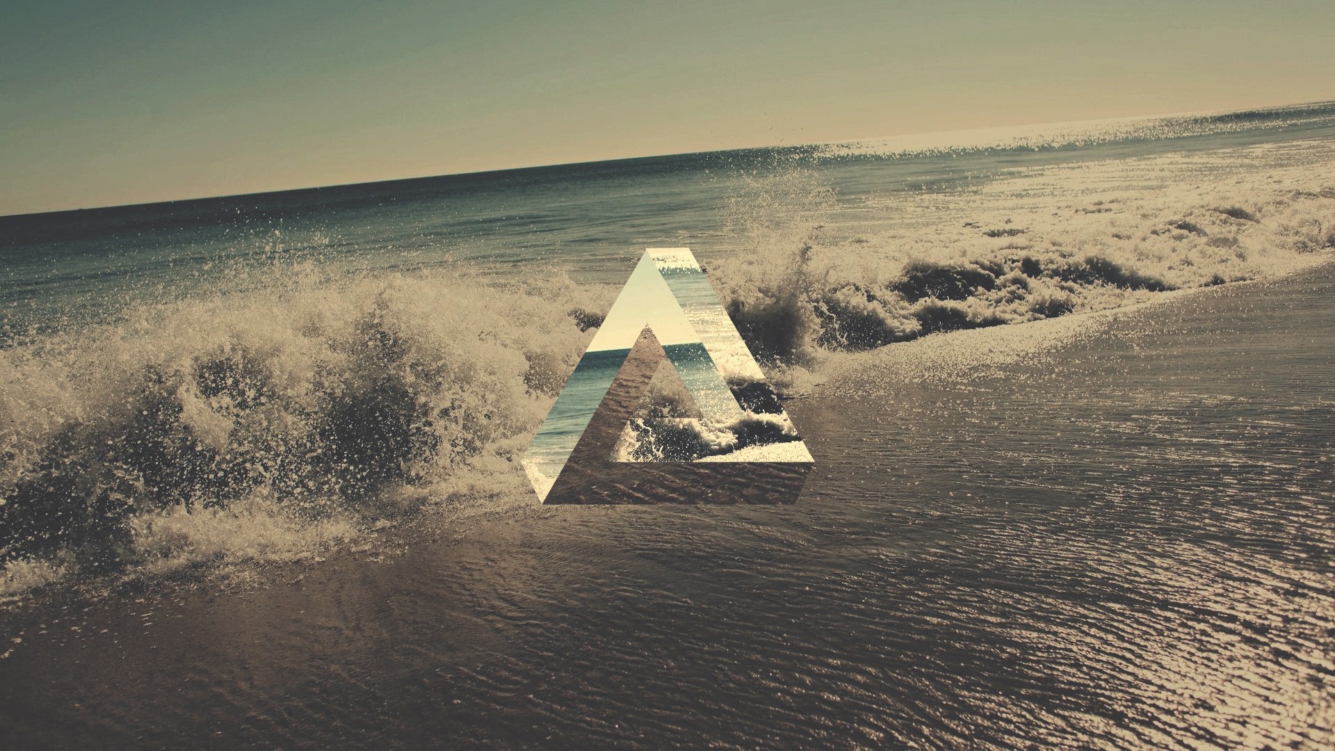 Penrose triangle over a beach with waves HD Wallpaper