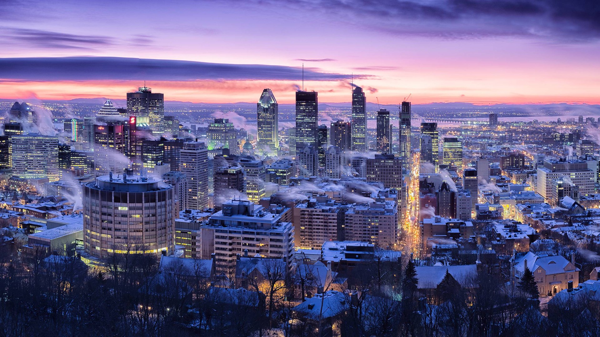 Montreal cityscape at dusk in winter HD Wallpaper