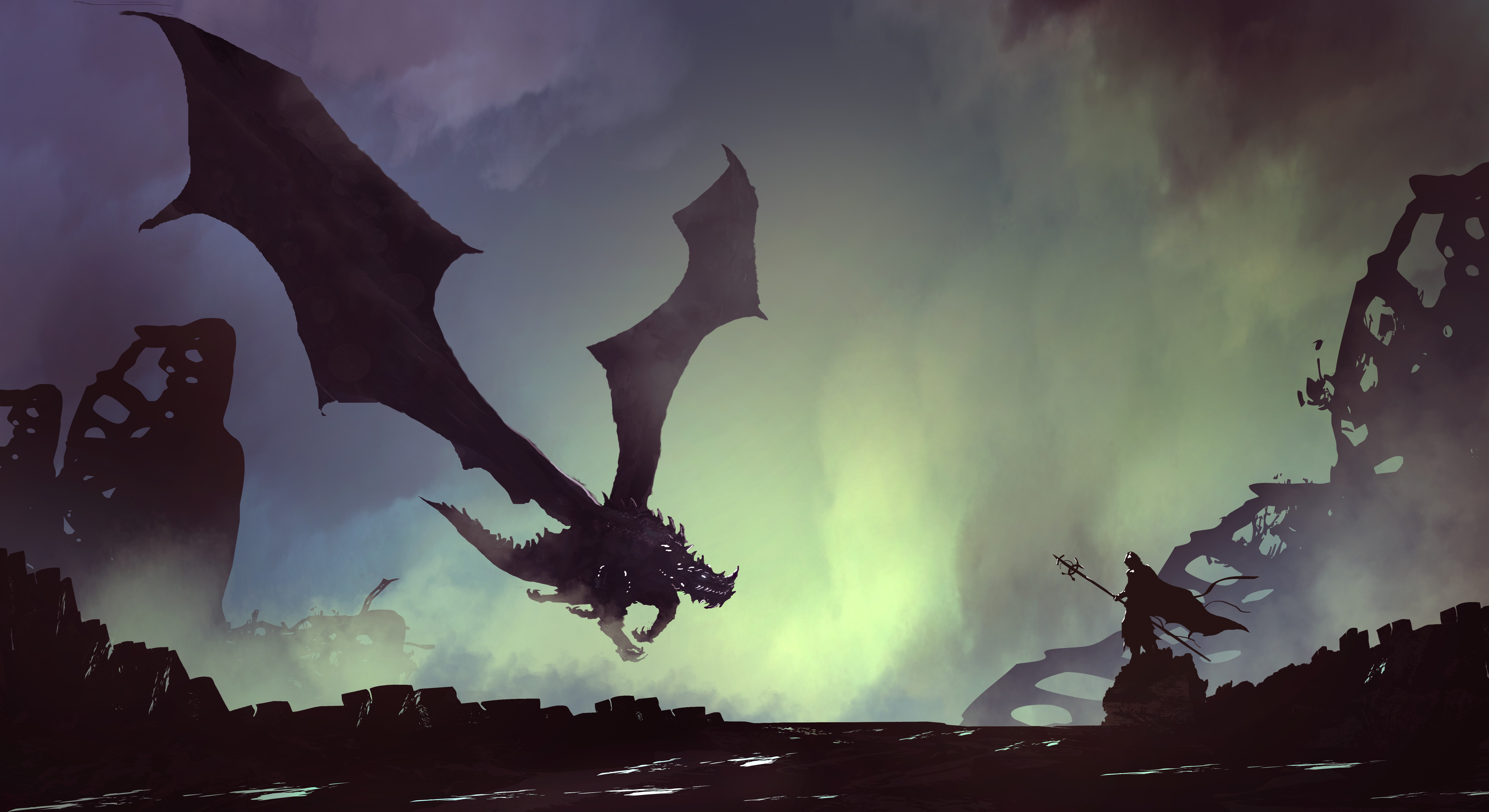 Dragon and warrior in a fantasy landscape HD Wallpaper