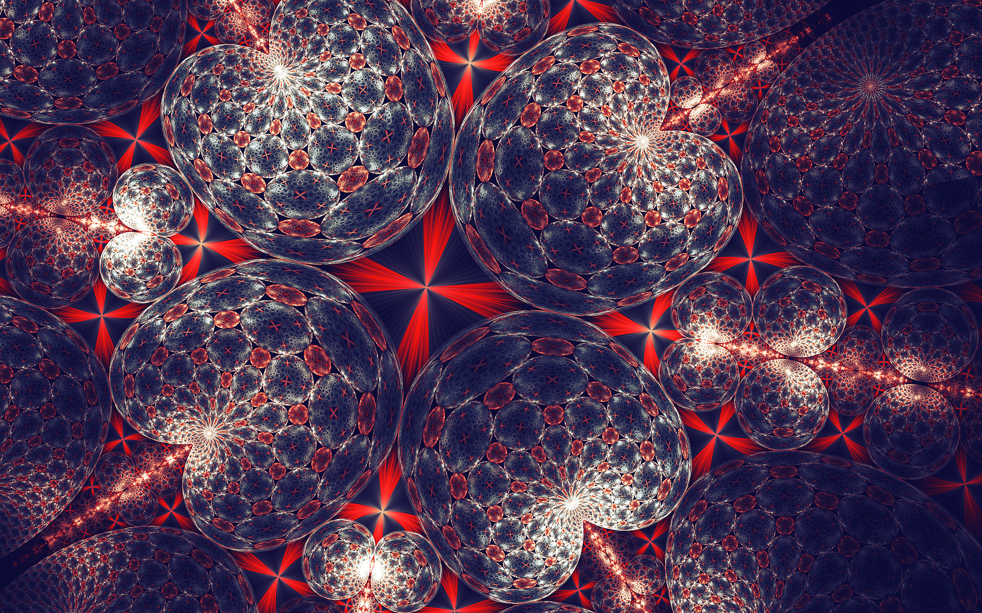 Abstract fractal artwork with spheres and red starbursts HD Wallpaper