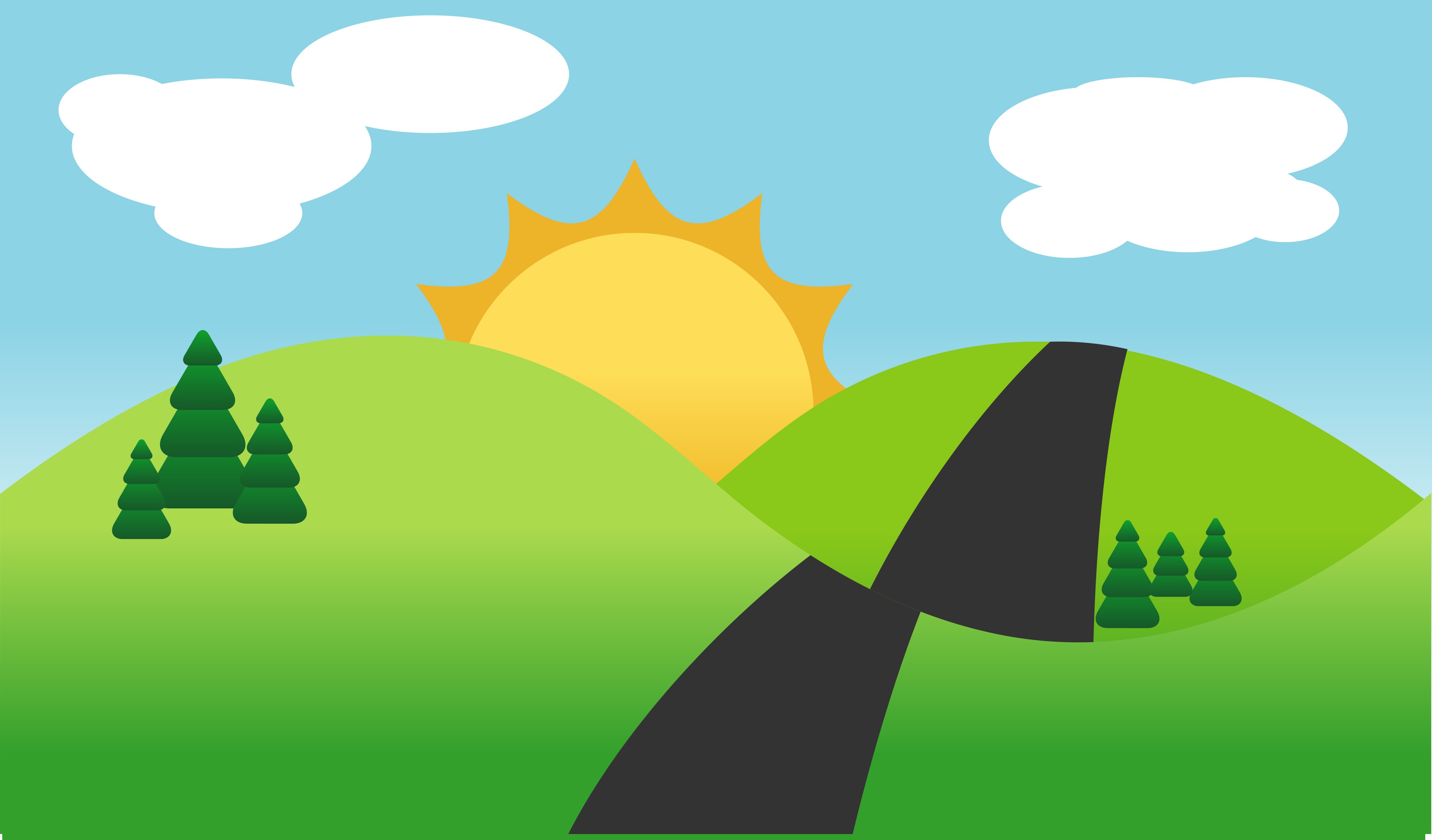 Cartoon landscape with sun, clouds, hills, and road HD Wallpaper