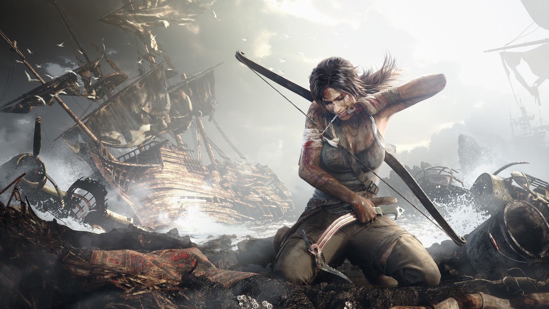 Lara Croft from Tomb Raider with bow and shipwreck HD Wallpaper