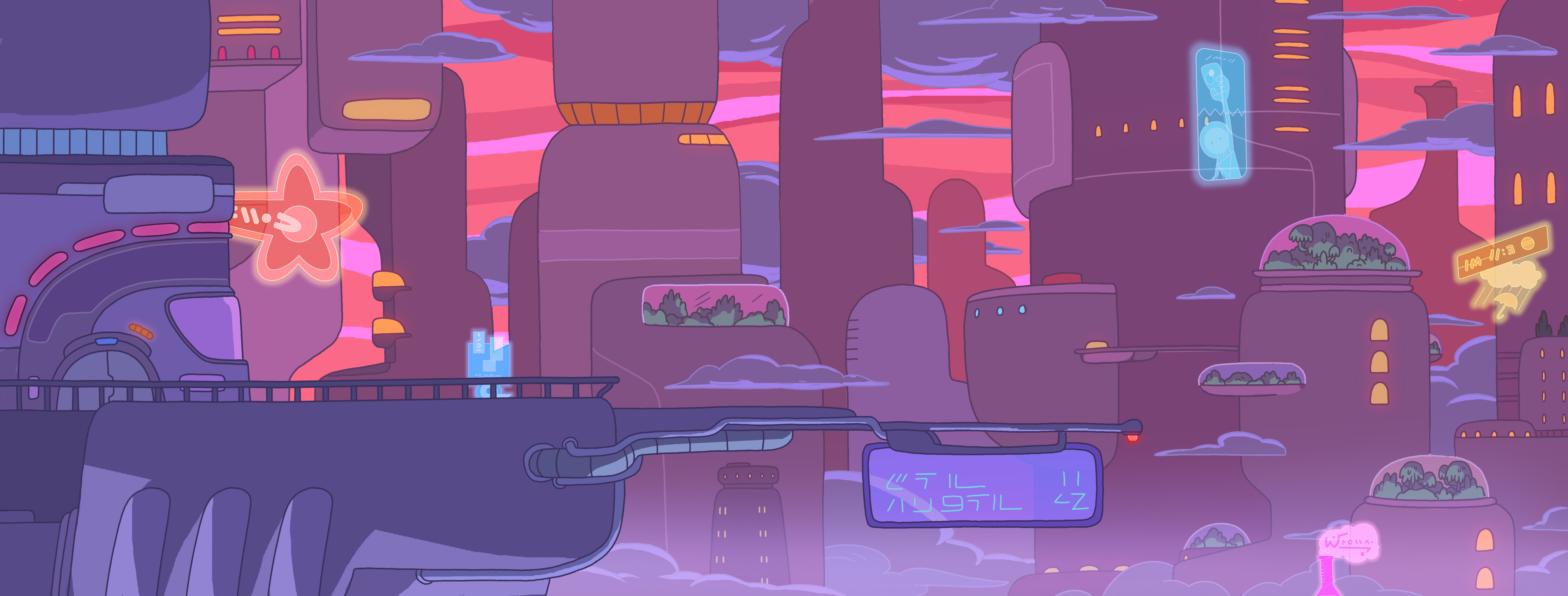 Cartoon cityscape with futuristic buildings and sky HD Wallpaper
