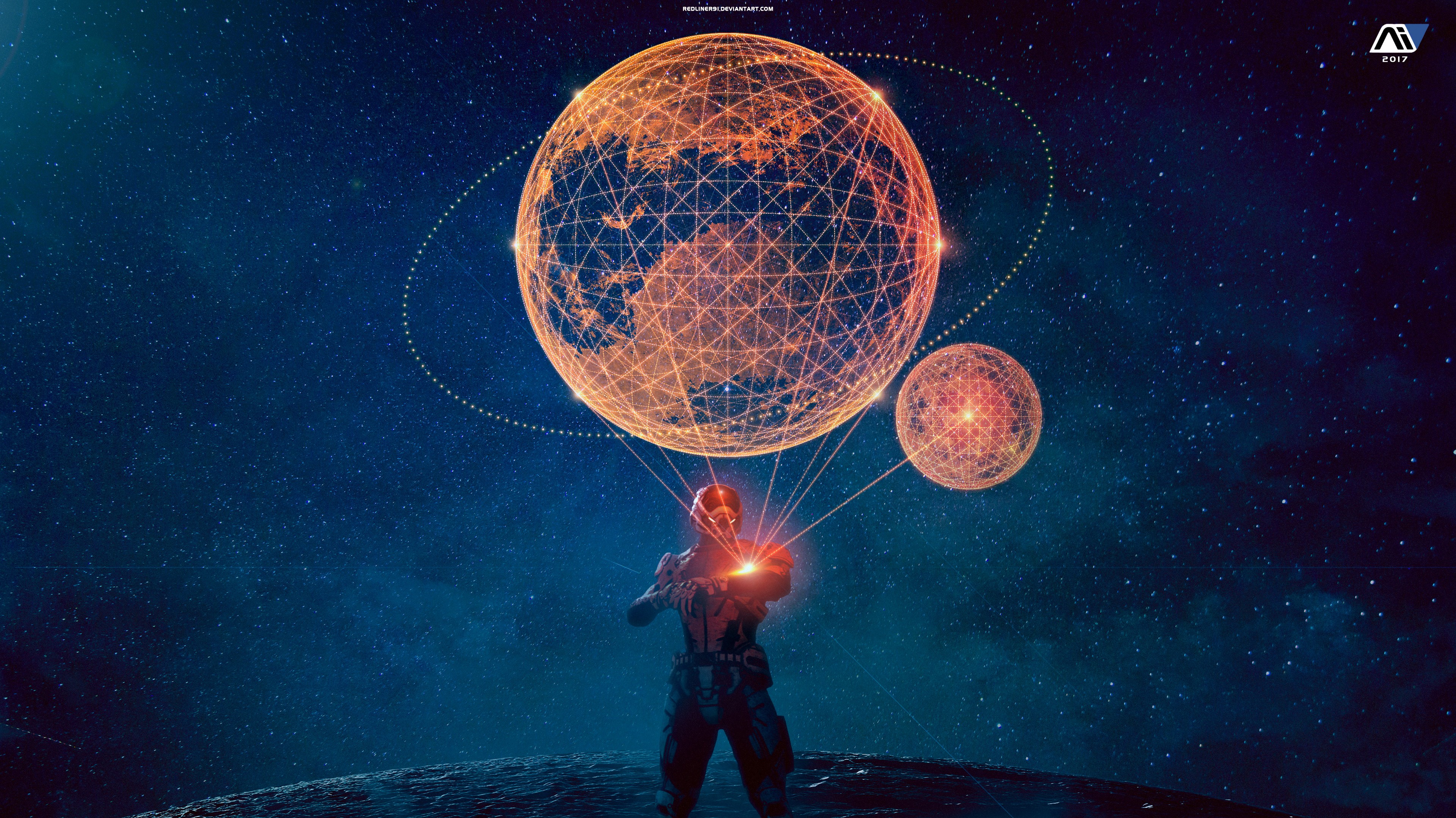 Man with glowing planets from Mass Effect Andromeda HD Wallpaper