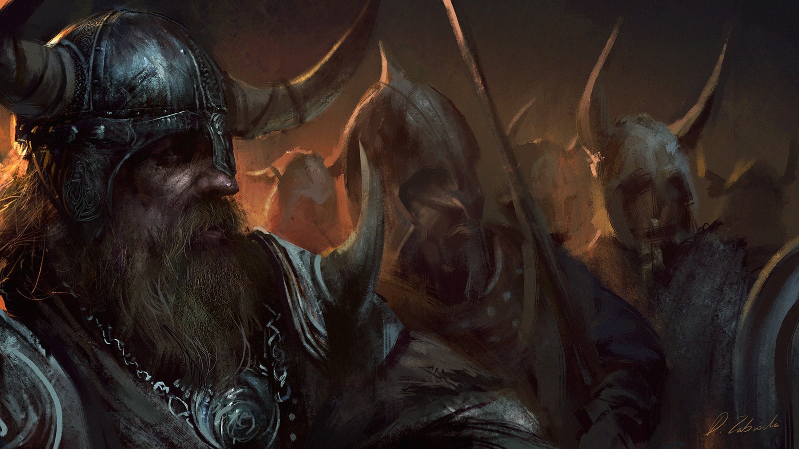 A group of Vikings in horned helmets and armor HD Wallpaper