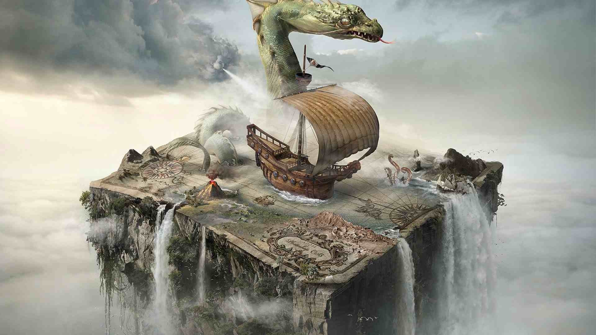 Surreal map with dragon and ship on floating island HD Wallpaper