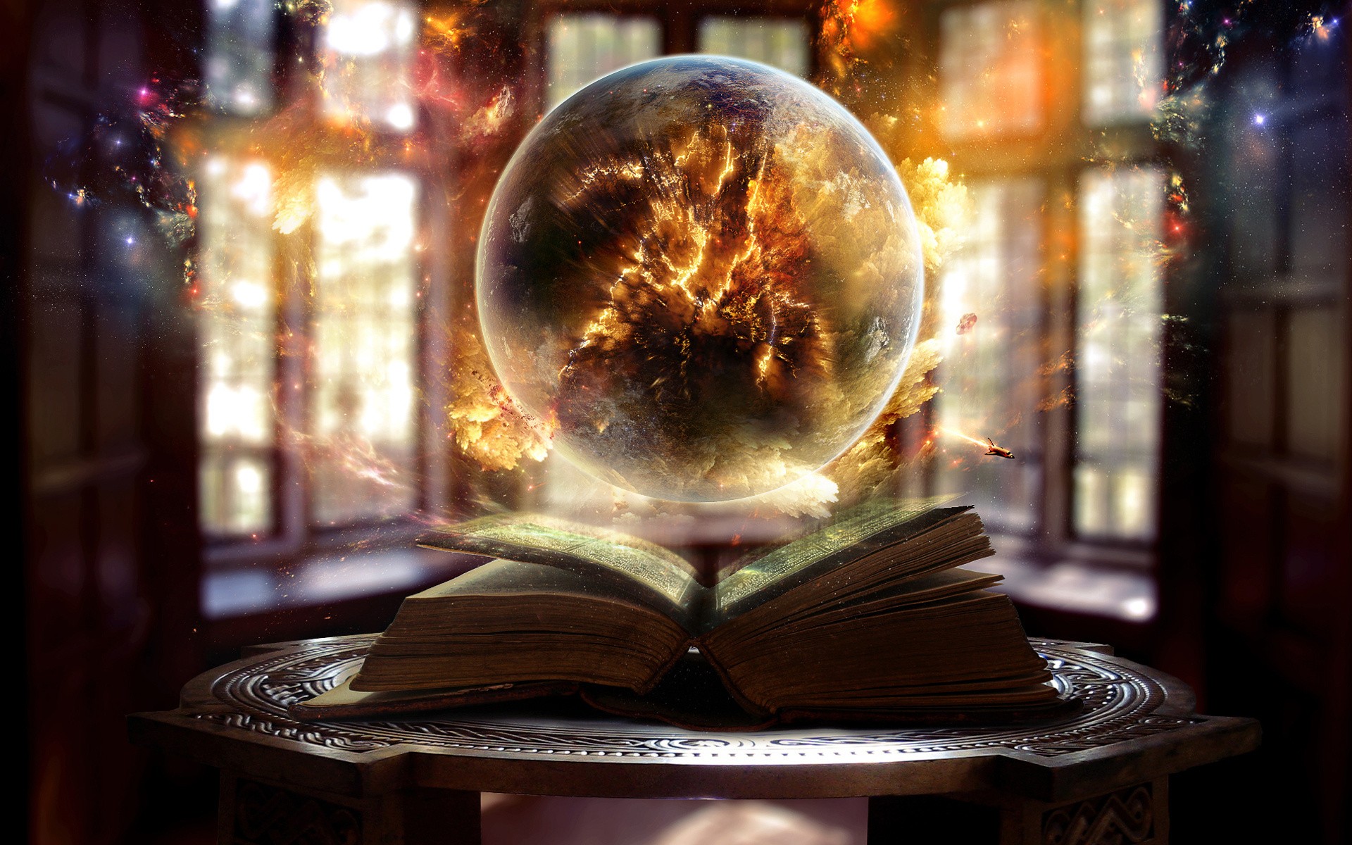 Fantasy art of a planet emerging from an open book HD Wallpaper
