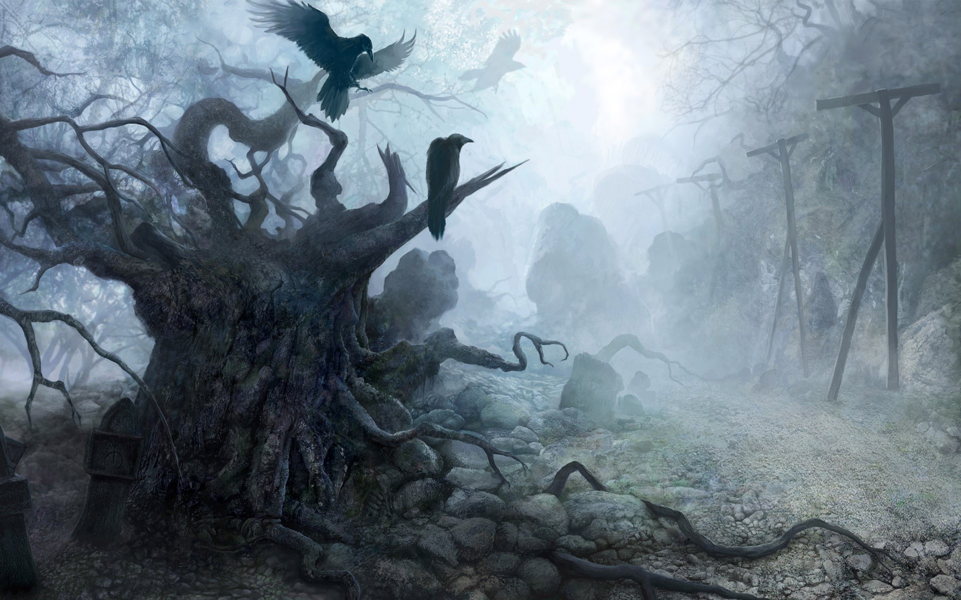 Dark forest with gnarled trees and ravens HD Wallpaper