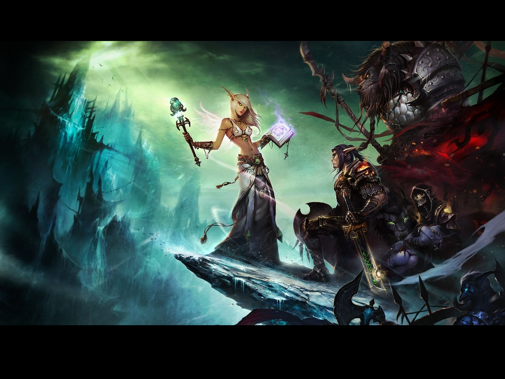 Elven sorceress and warriors in a fantasy landscape HD Wallpaper