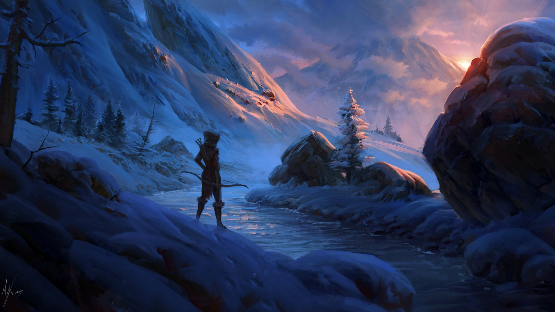 Archer in a snowy mountain pass at sunset HD Wallpaper