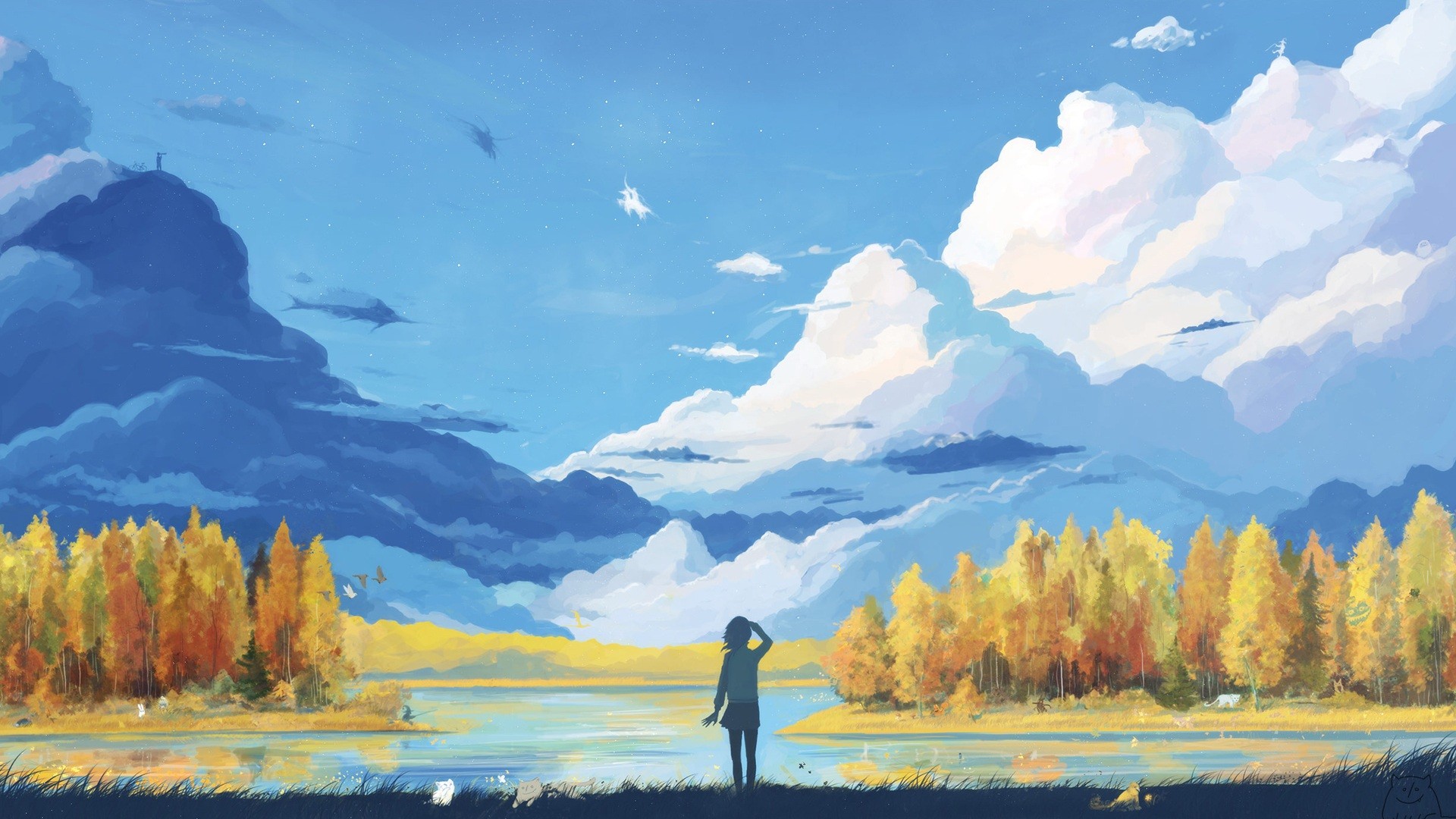 Anime landscape with autumn trees and a lake HD Wallpaper
