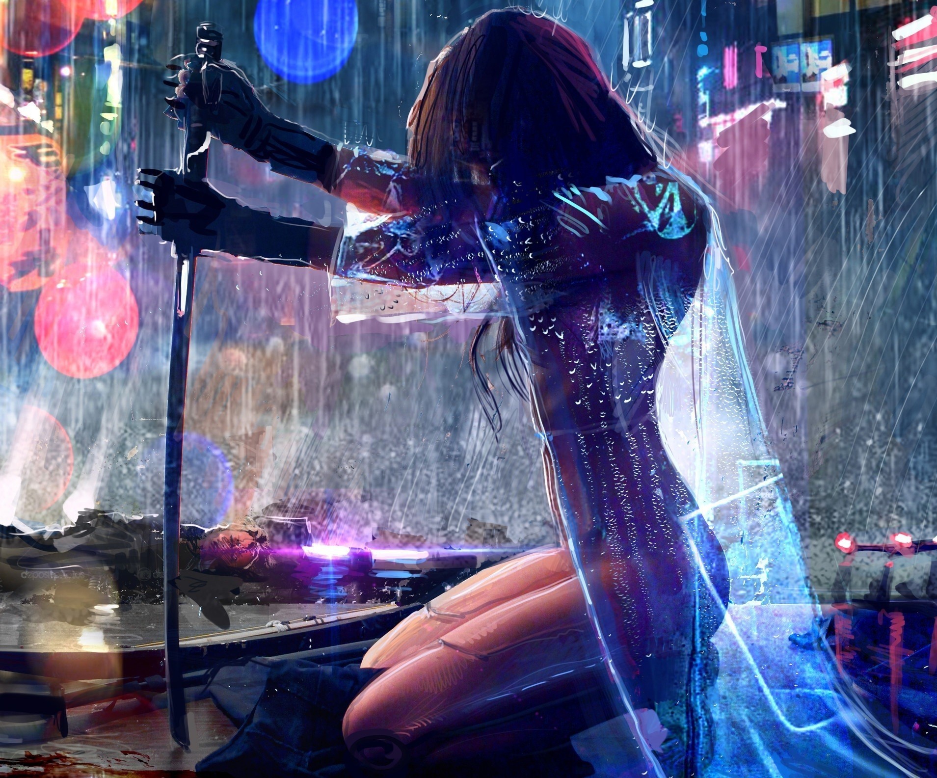 Futuristic warrior woman kneeling with sword in rain HD Wallpaper