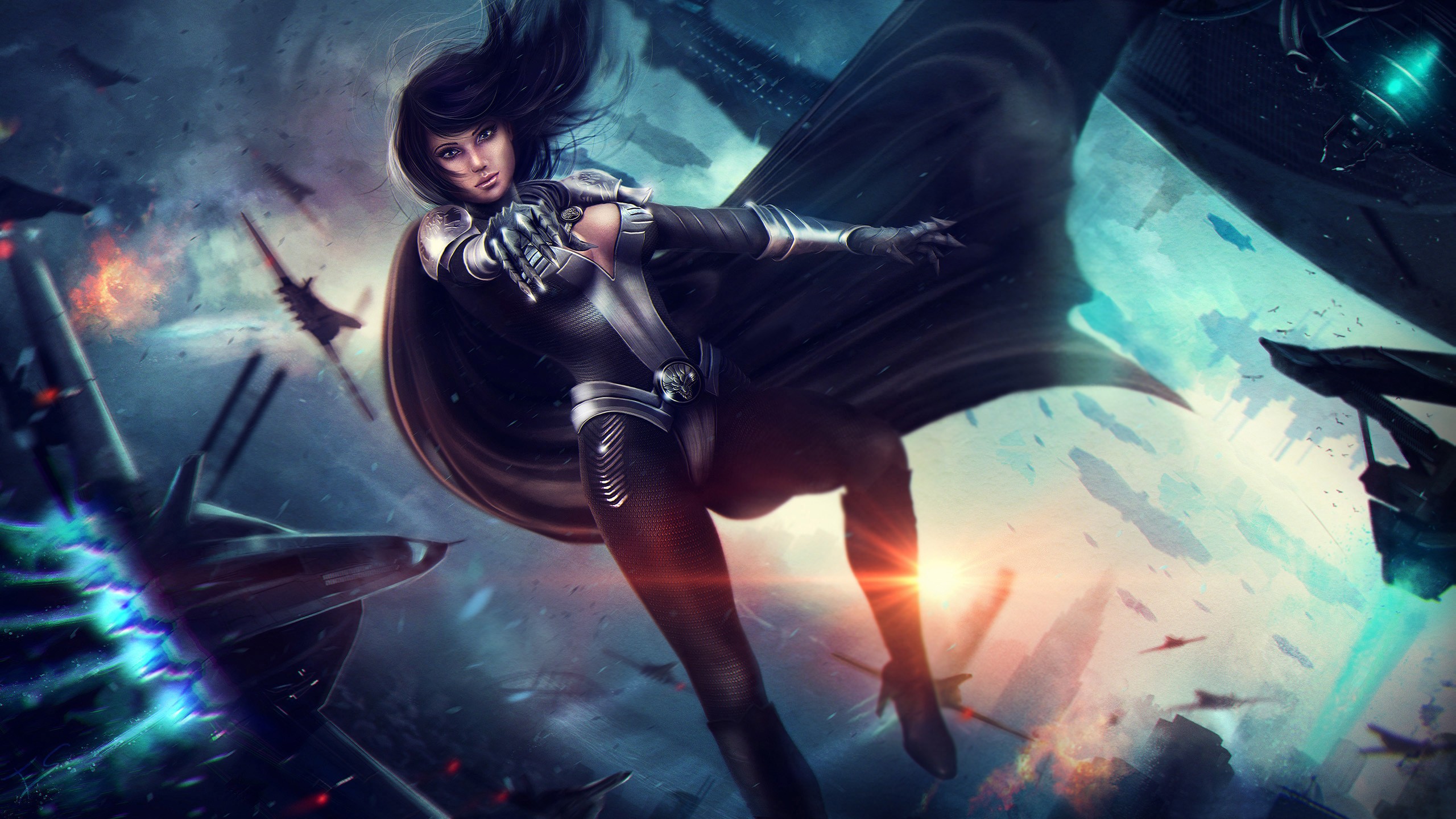 Woman in sci-fi armor with cape in space battle HD Wallpaper