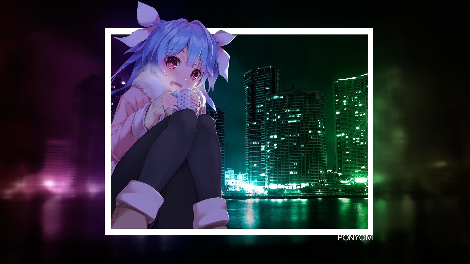 Anime girl with blue hair holding a mug in a city at night HD Wallpaper