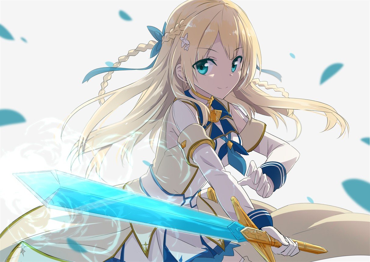 Anime girl with blonde hair and blue eyes holding a sword HD Wallpaper