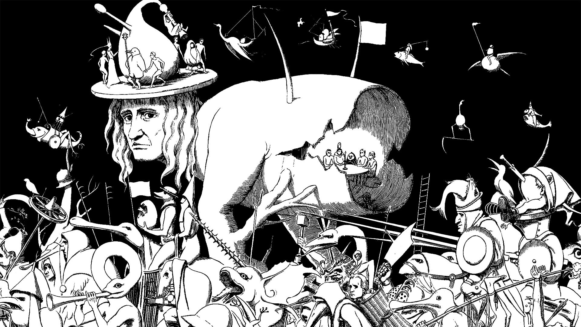 Surreal Black and White Illustration with Figures and Creatures HD Wallpaper
