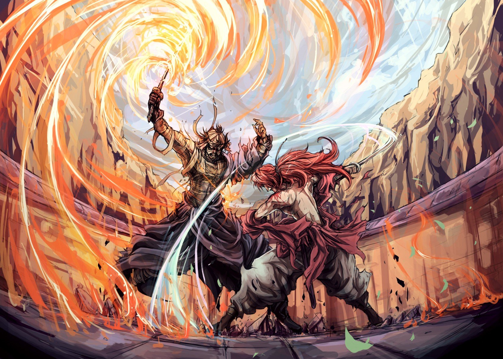 Epic Rurouni Kenshin Samurai Duel with Fiery Swords HD Wallpaper