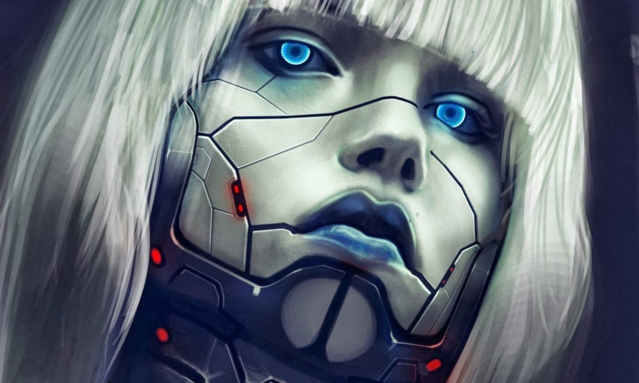 Cyberpunk cyborg with blue eyes and white hair HD Wallpaper