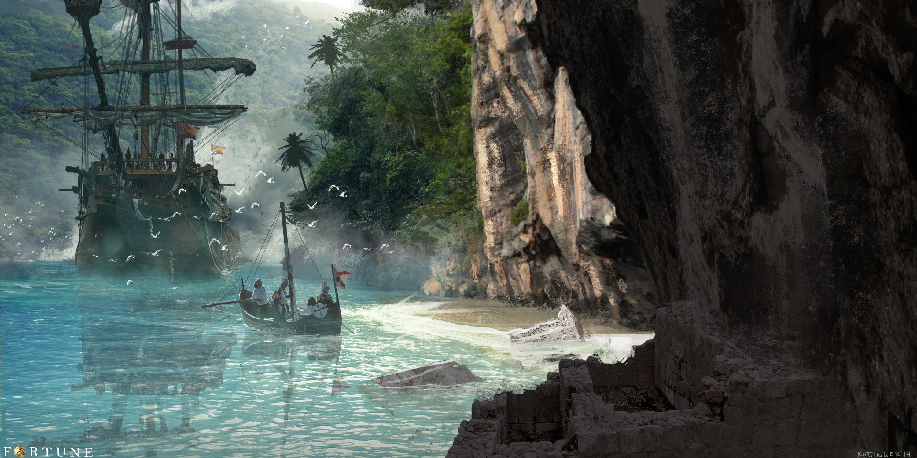 Pirate ship and boat near a tropical island cave HD Wallpaper