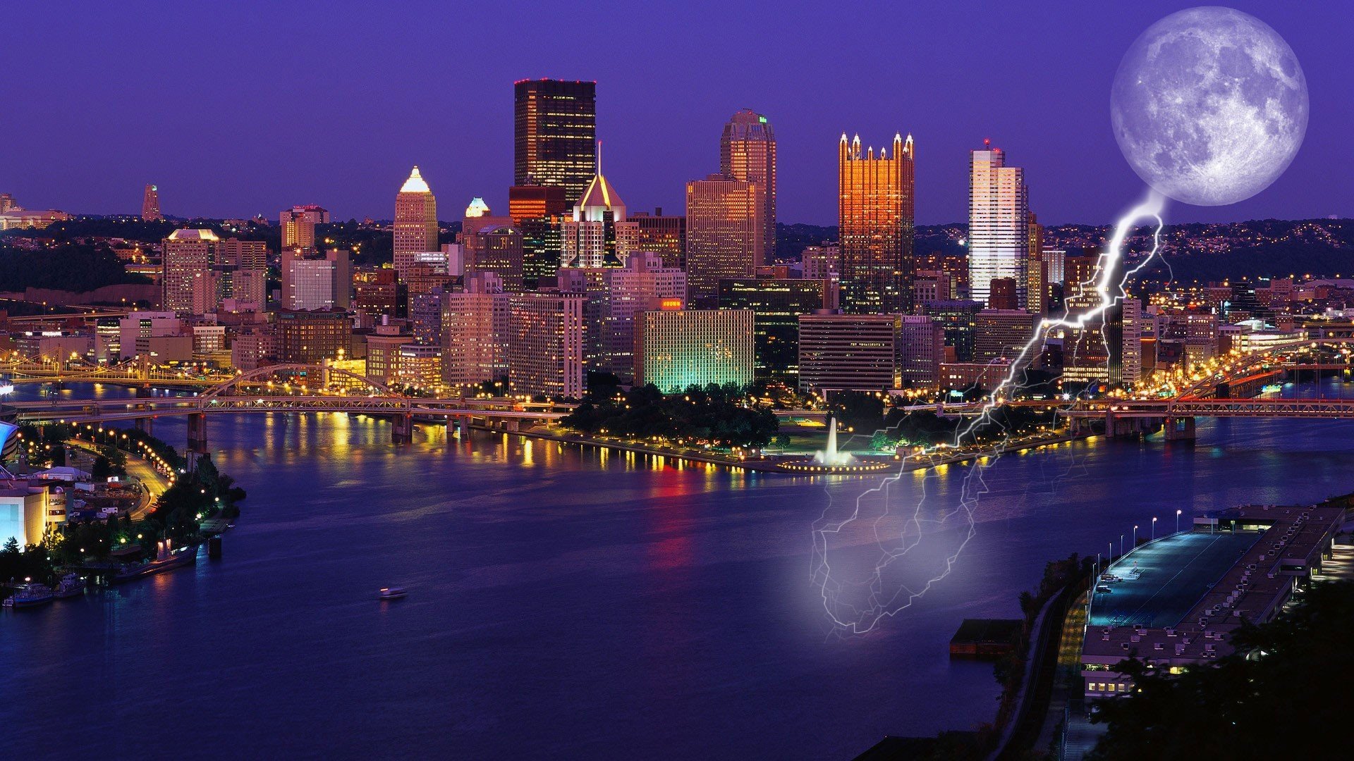 Pittsburgh Pennsylvania cityscape with moon and lightning HD Wallpaper