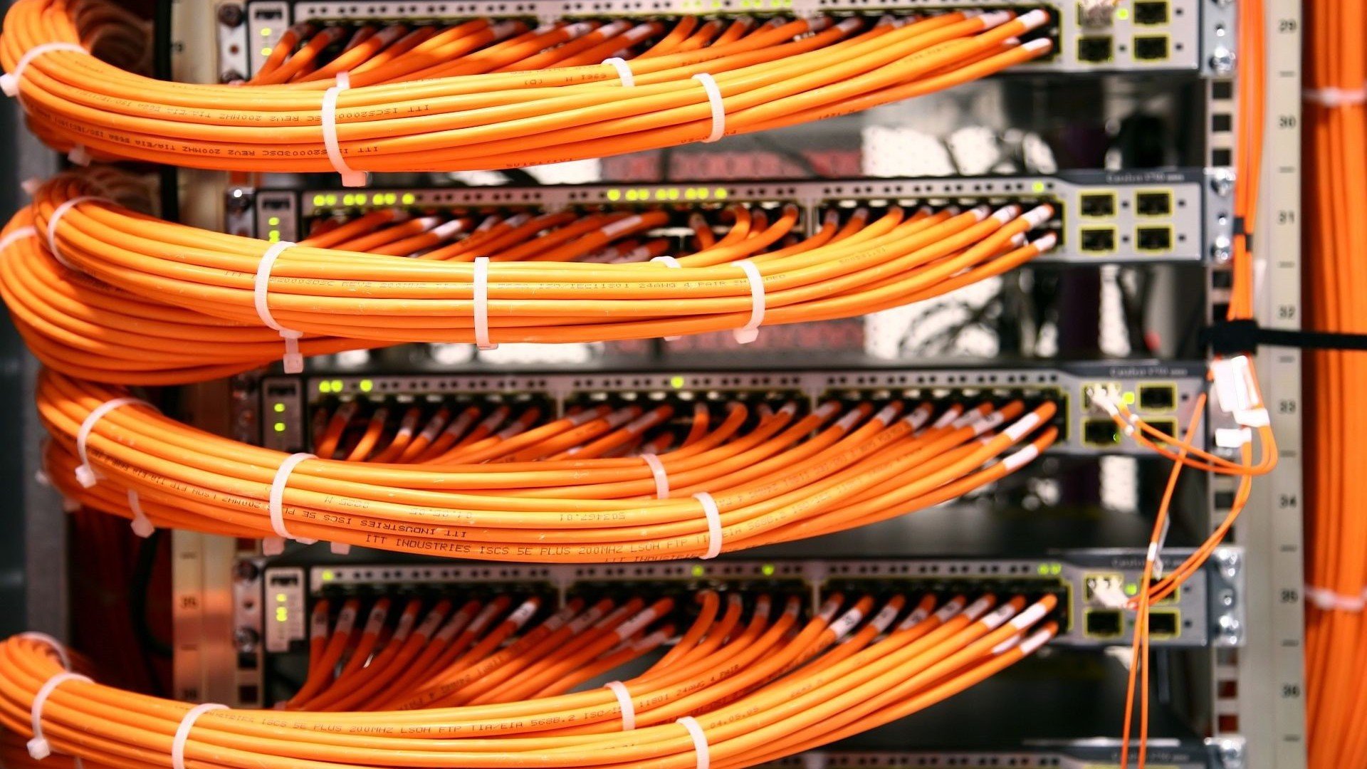 Server rack with orange network cables HD Wallpaper