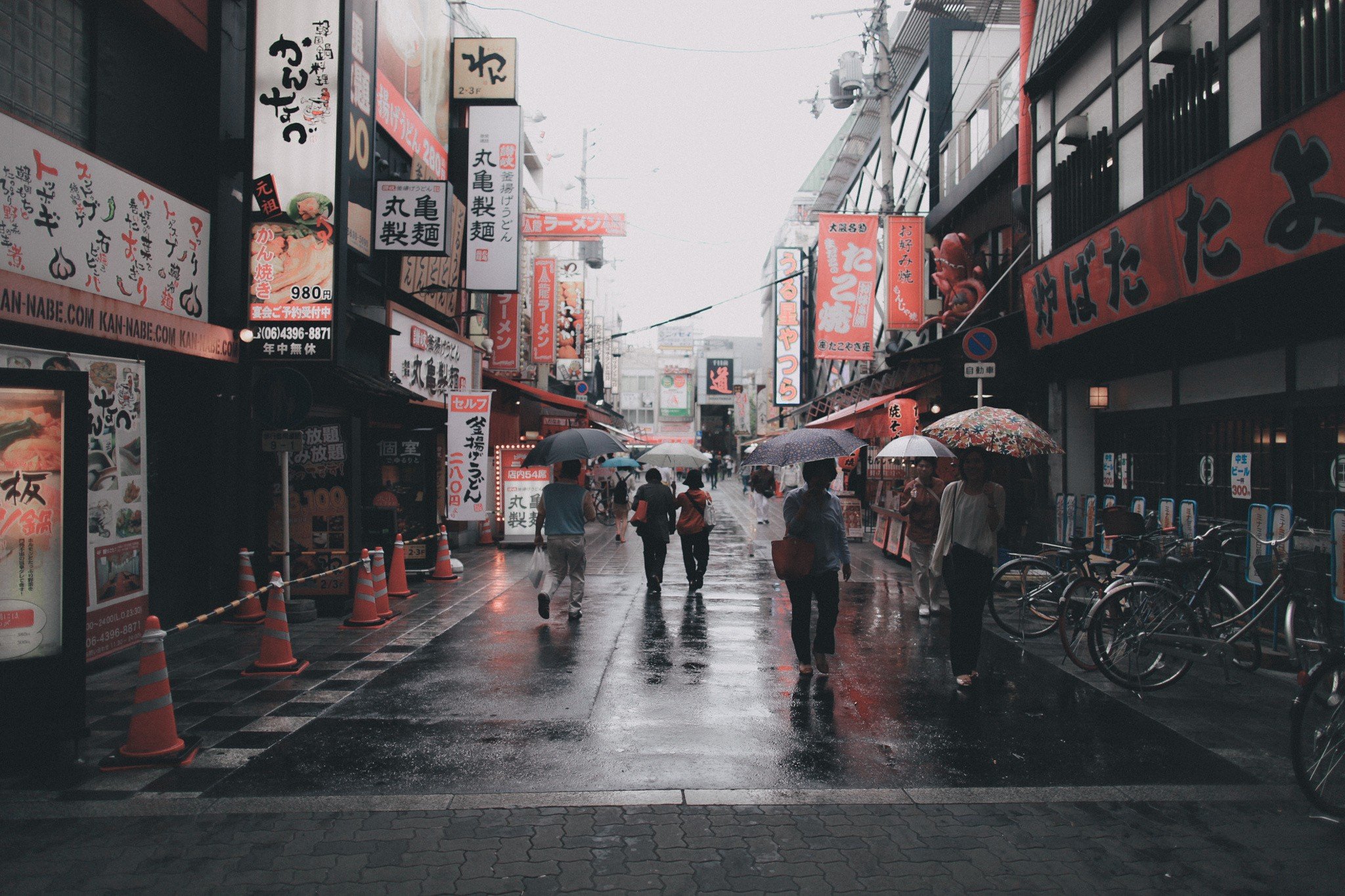 Asian street with umbrellas HD Wallpaper
