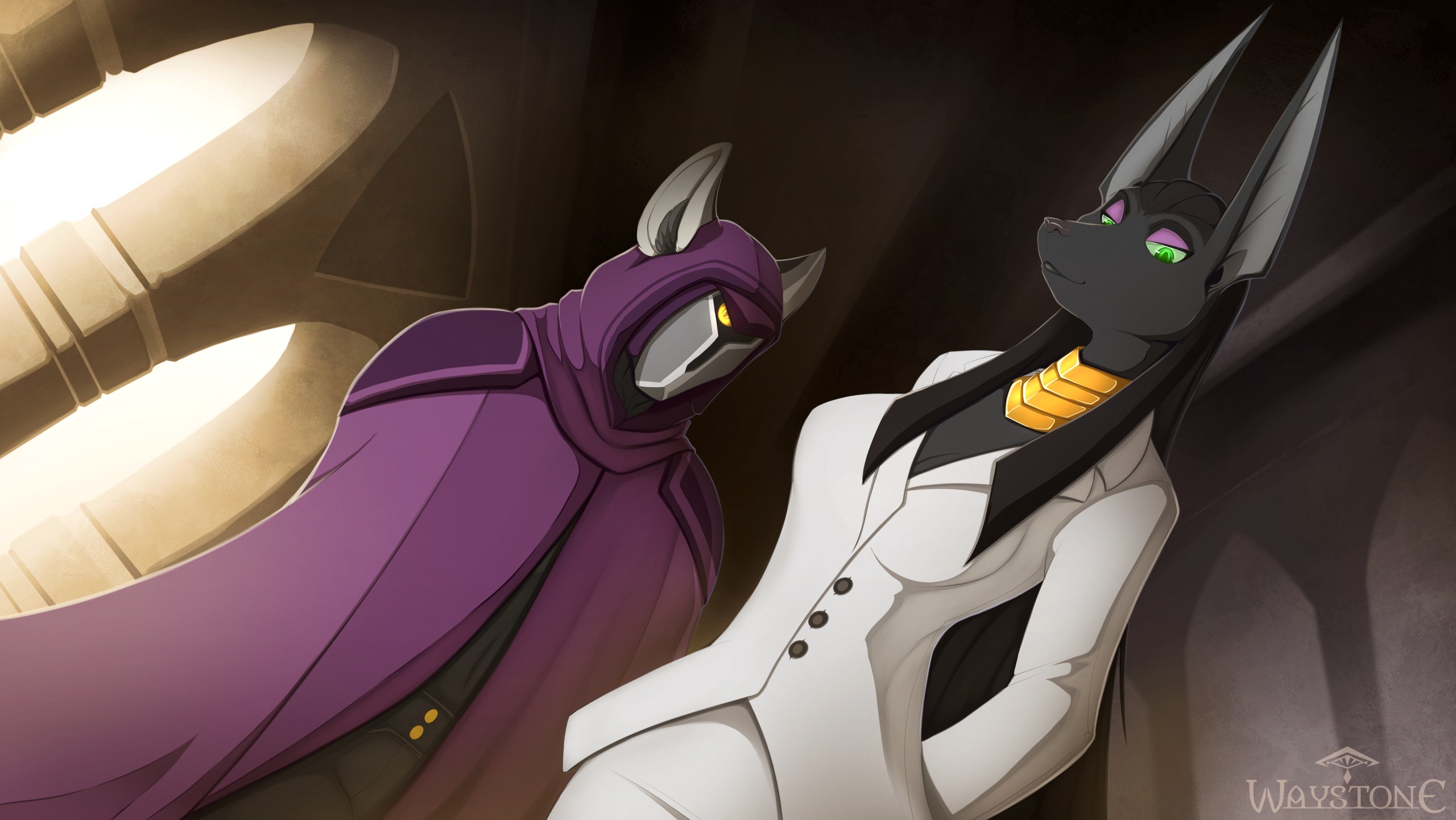 Anthro characters in a dimly lit hall HD Wallpaper