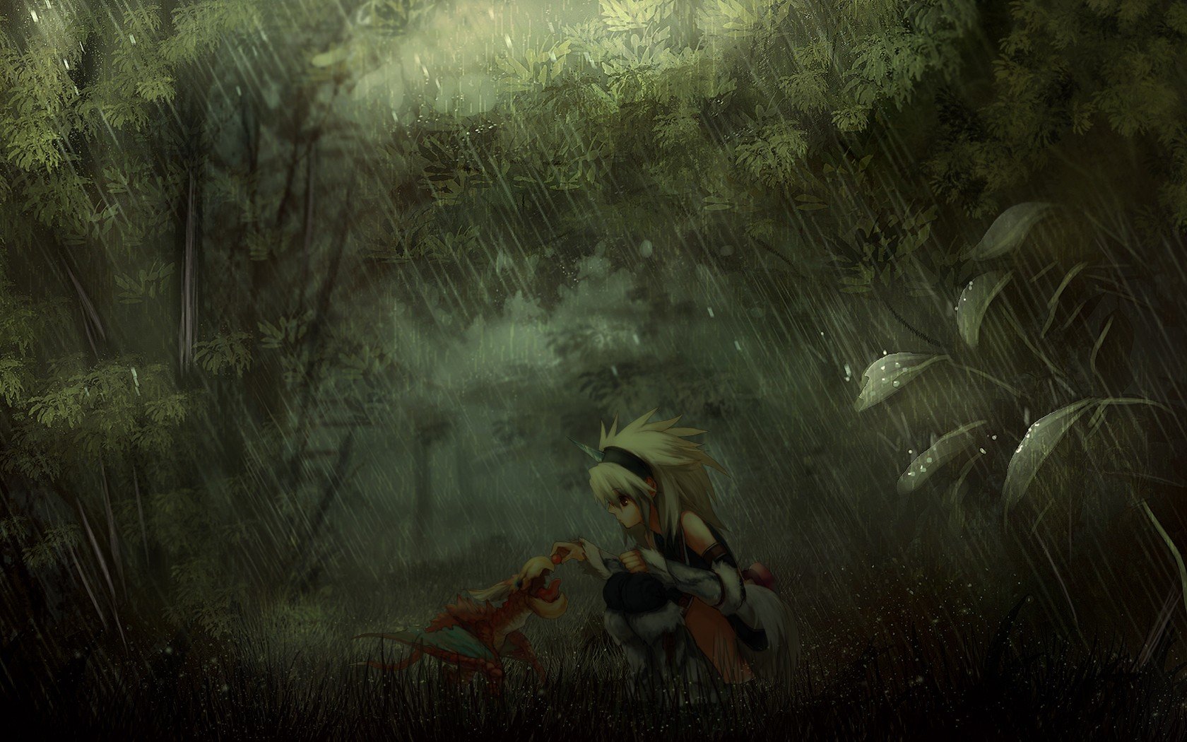 Girl and creature in a rainy forest HD Wallpaper