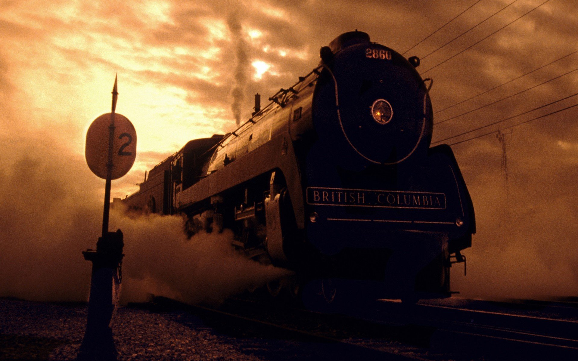 British Columbia steam locomotive 2860 at sunset HD Wallpaper