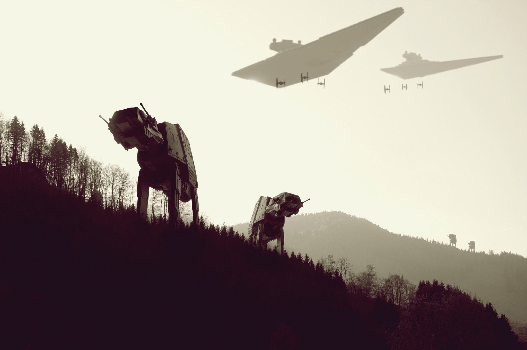 Star Wars AT-AT walkers and Star Destroyers in a forest HD Wallpaper
