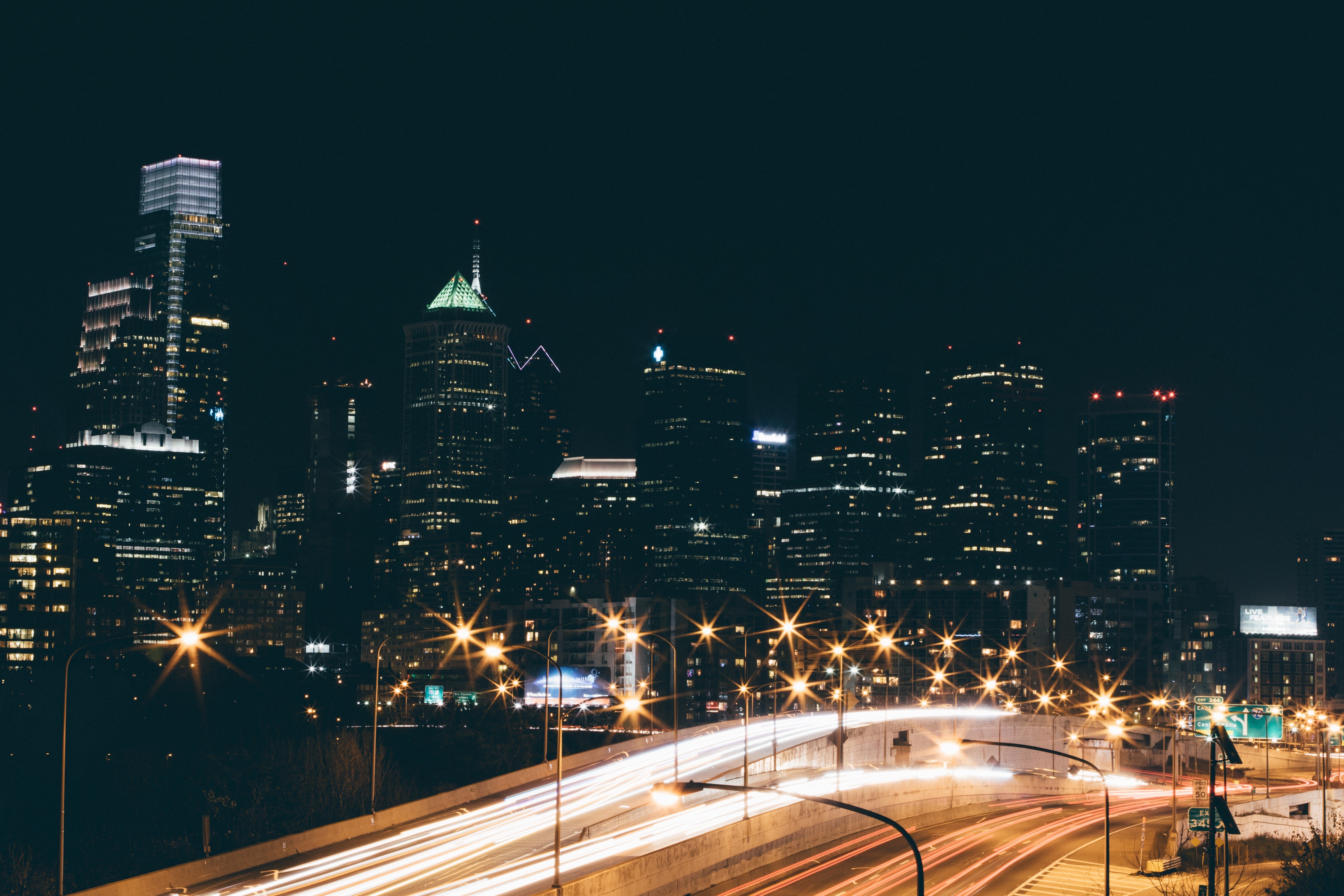 Philadelphia Cityscape at Night with Light Trails HD Wallpaper